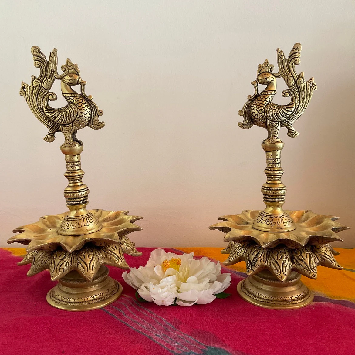 13 Inches Handmade Annapakshi Brass Diya Lamp (Set of 2) - Festive Home Decor