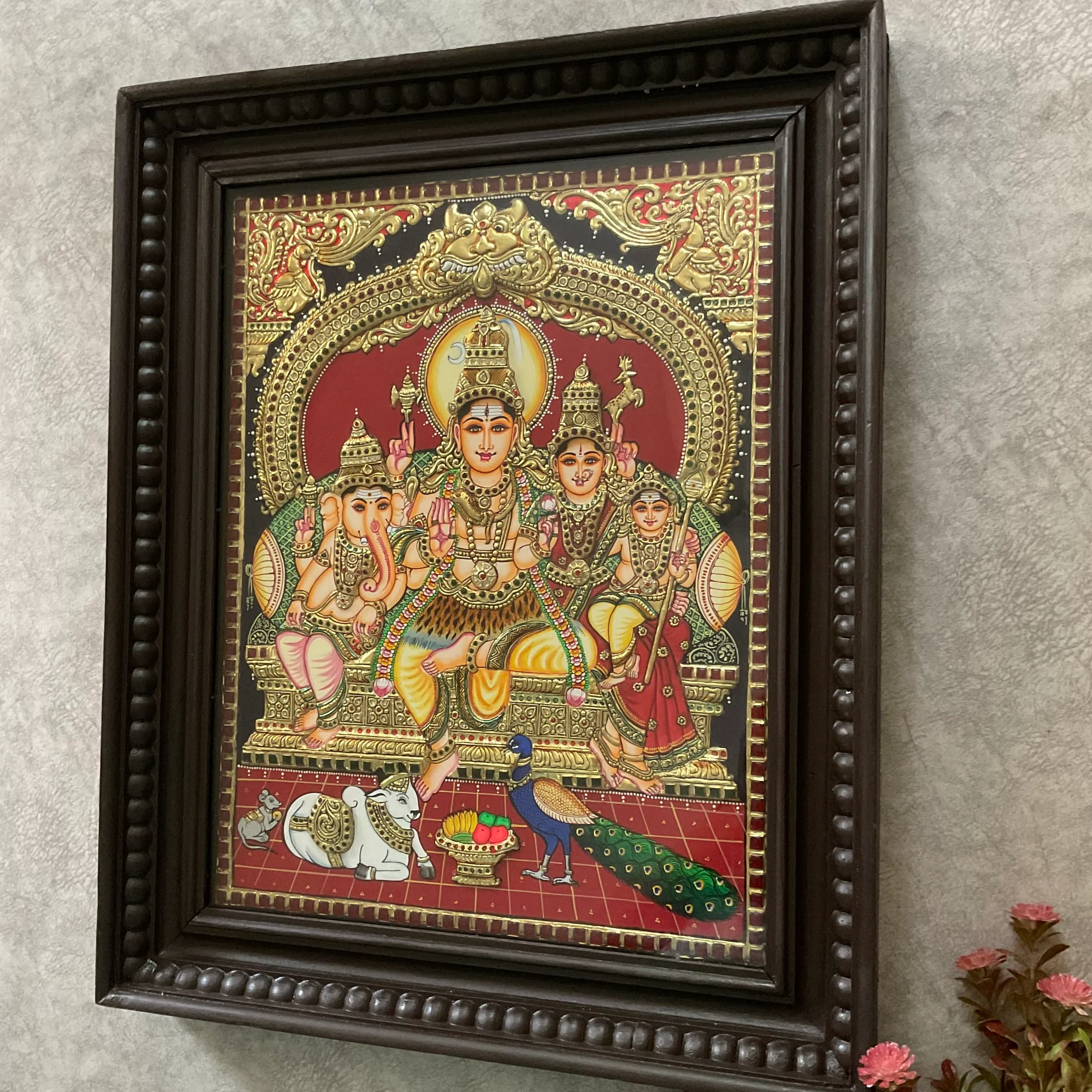 21 Inches Shiv Parivar 3D Embossing Tanjore Painting - Traditional Wall Art