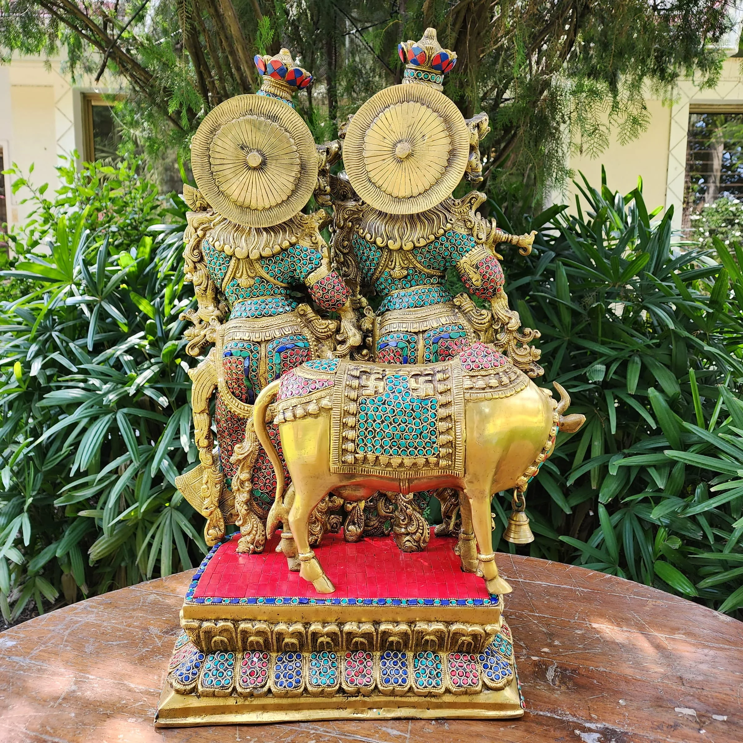 28 Inch Radha Krishna With Cow Brass Stonework Statue Idol