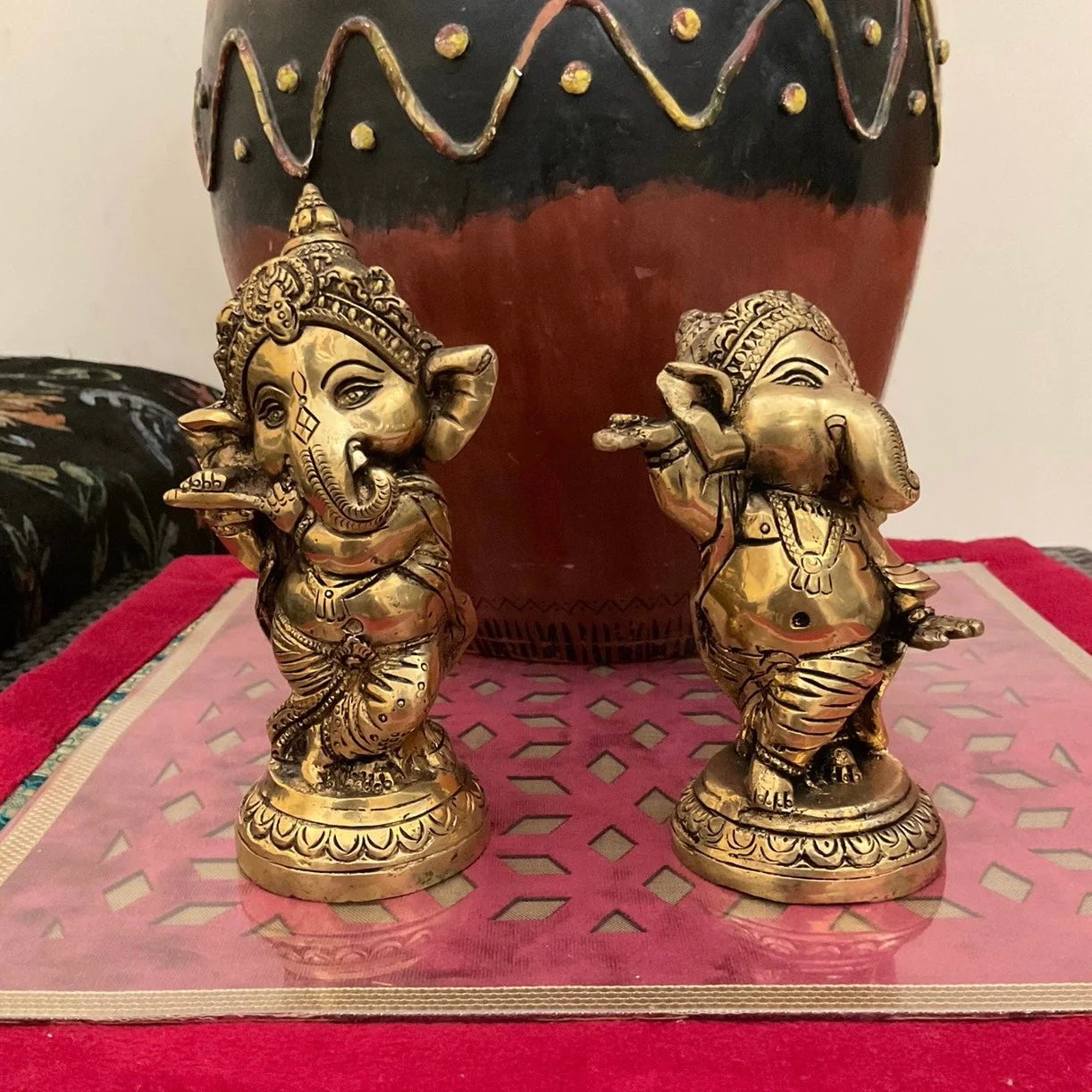 Flute And Dancing Baby Ganesh Brass Idol (Set of 2)