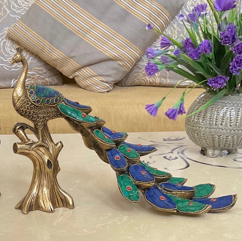 Brass Peacock Figurine With Stonework (set of 2) - Indian Home Decor Ideas