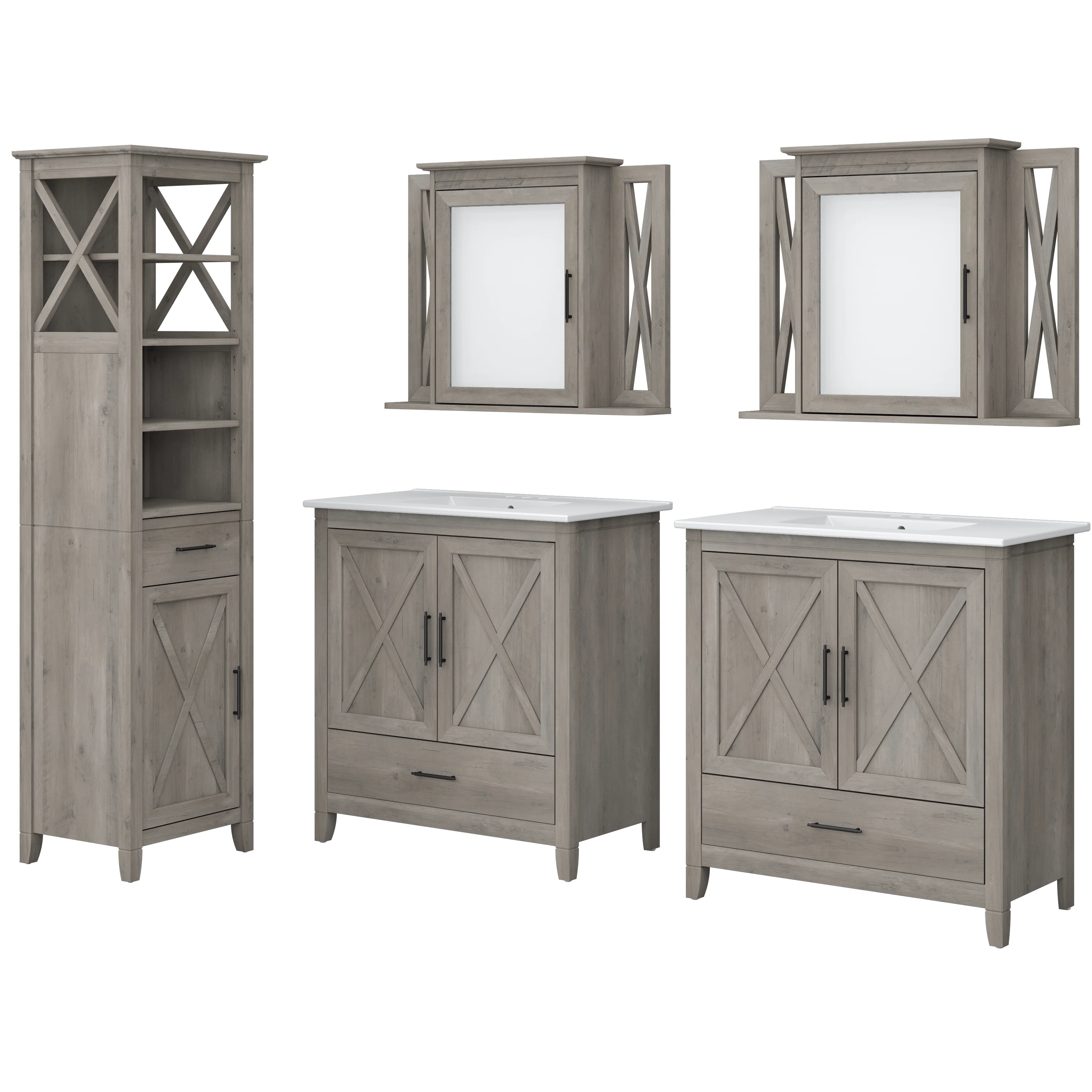 Key West 64W Double Vanity Set with Sinks, Medicine Cabinets and Linen Tower