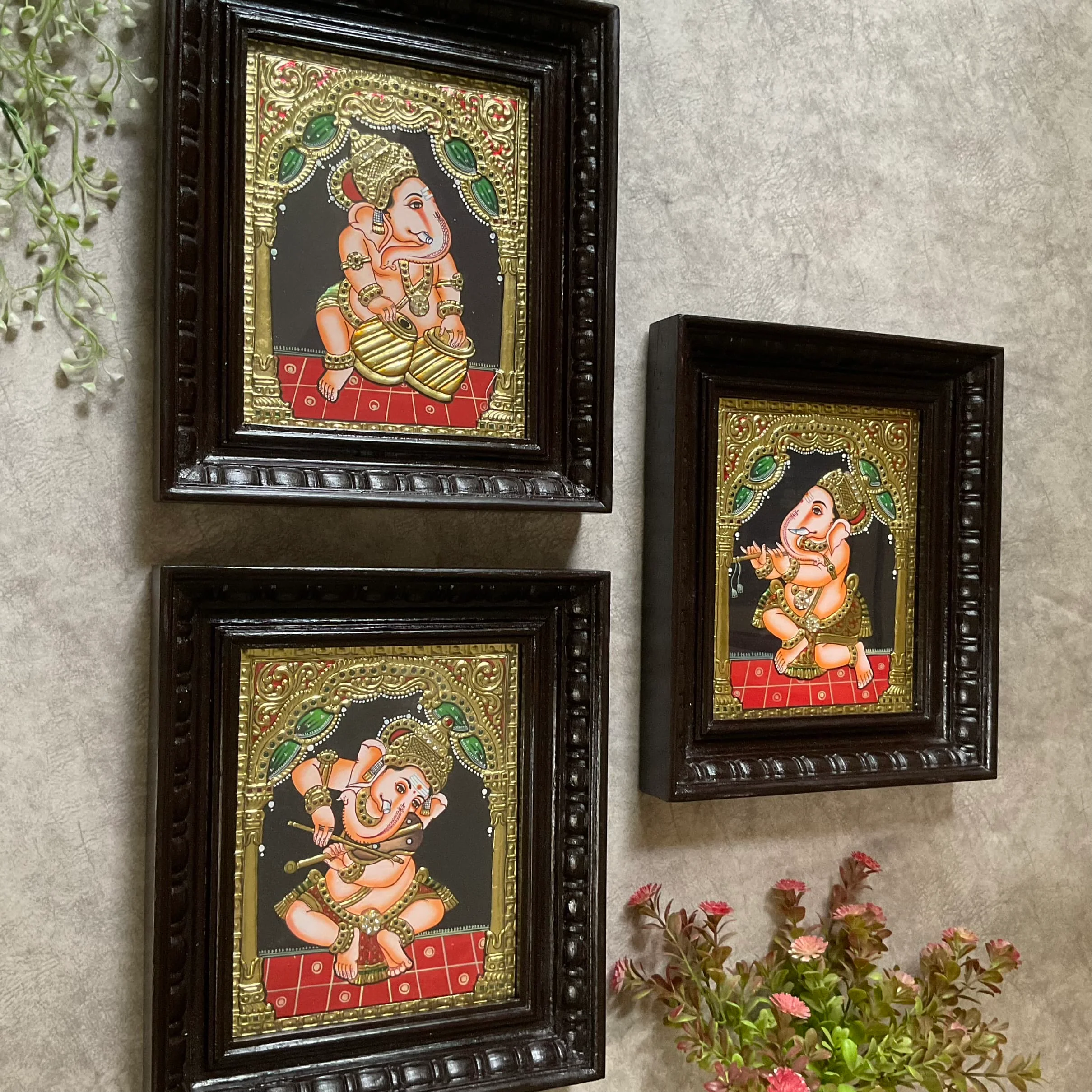 Lord Ganesha Tanjore Painting (Set of 3) - Traditional Wall Art