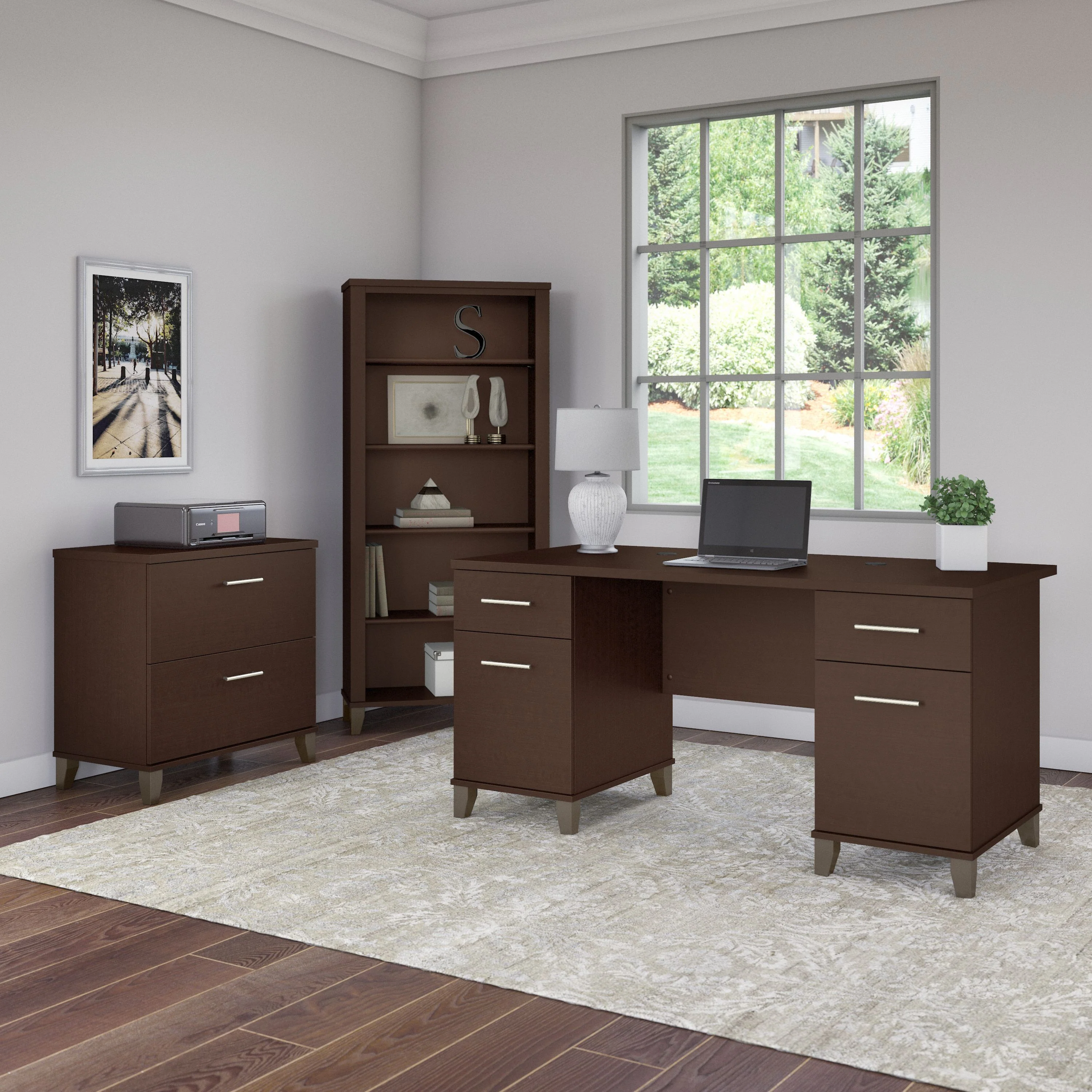 Somerset 60W Office Desk with Lateral File Cabinet and 5 Shelf Bookcase
