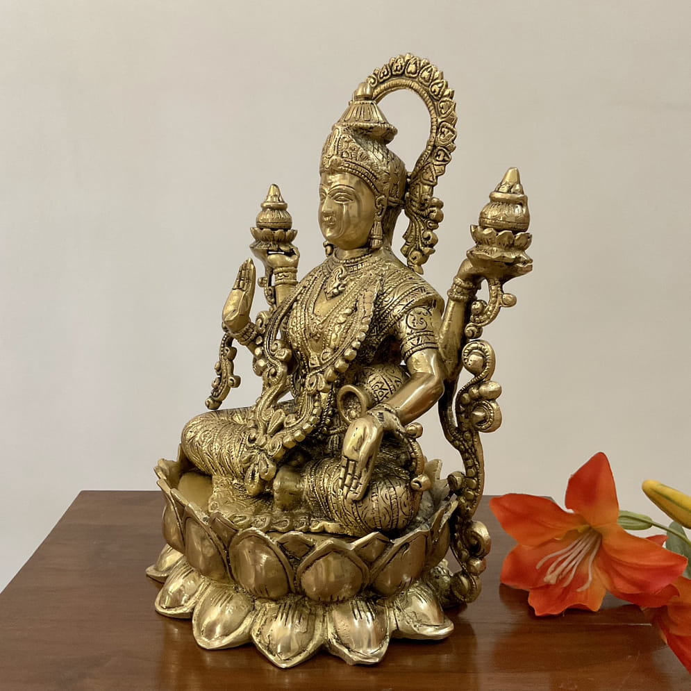 12.5 Inches Goddess Lakshmi Brass Idol, Pooja Statue