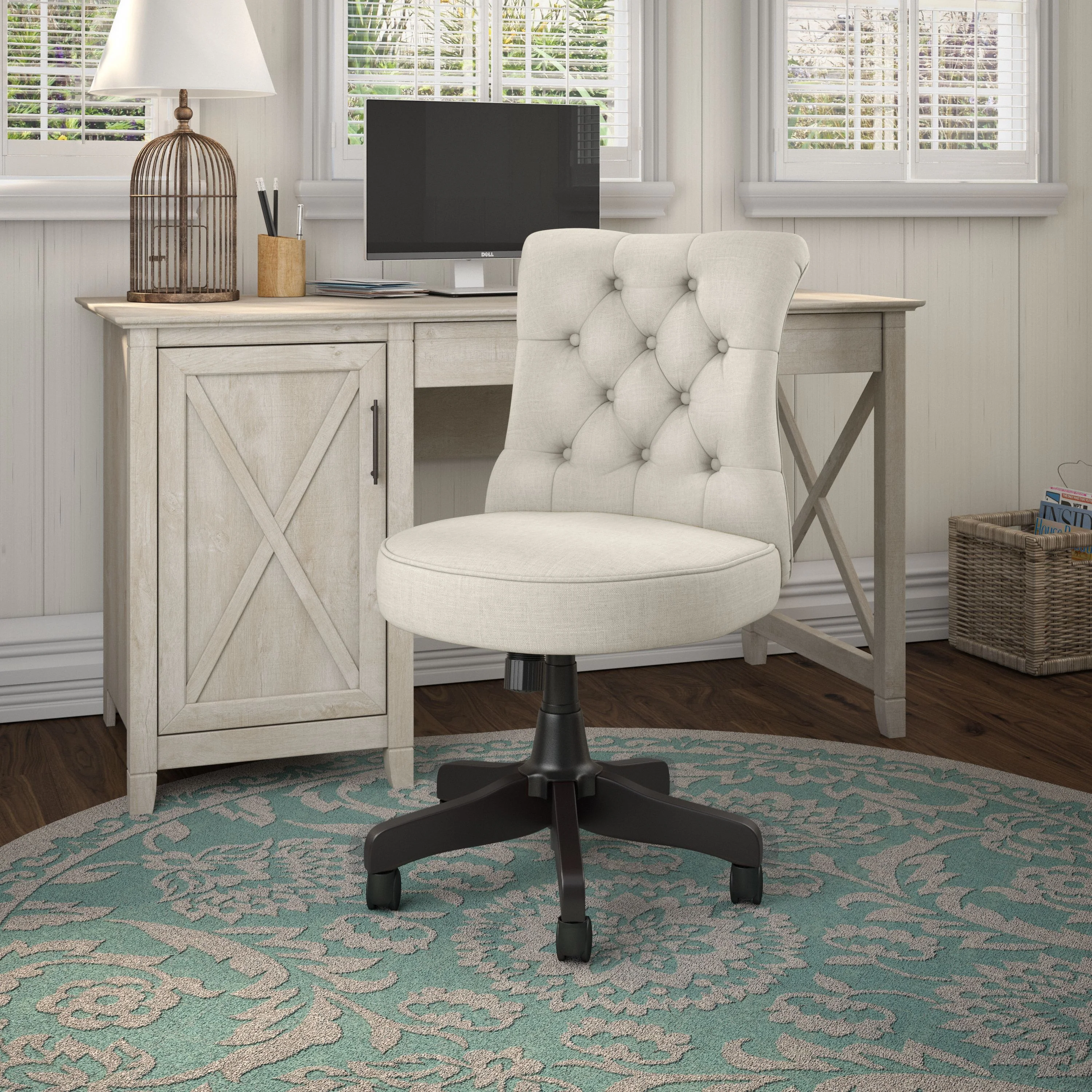 Key West 54W Computer Desk with Storage and Mid Back Tufted Office Chair