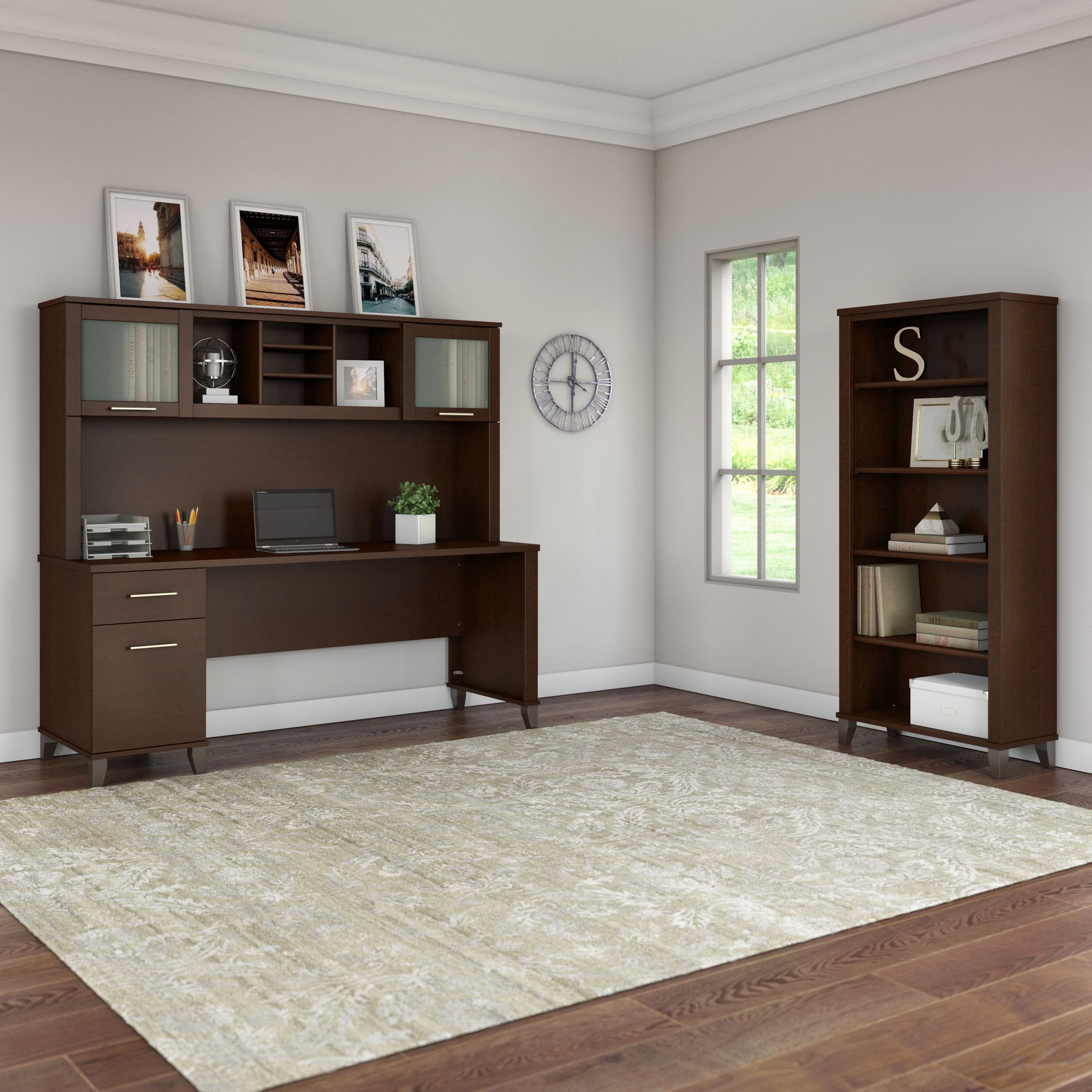 Somerset 72W Office Desk with Hutch and 5 Shelf Bookcase