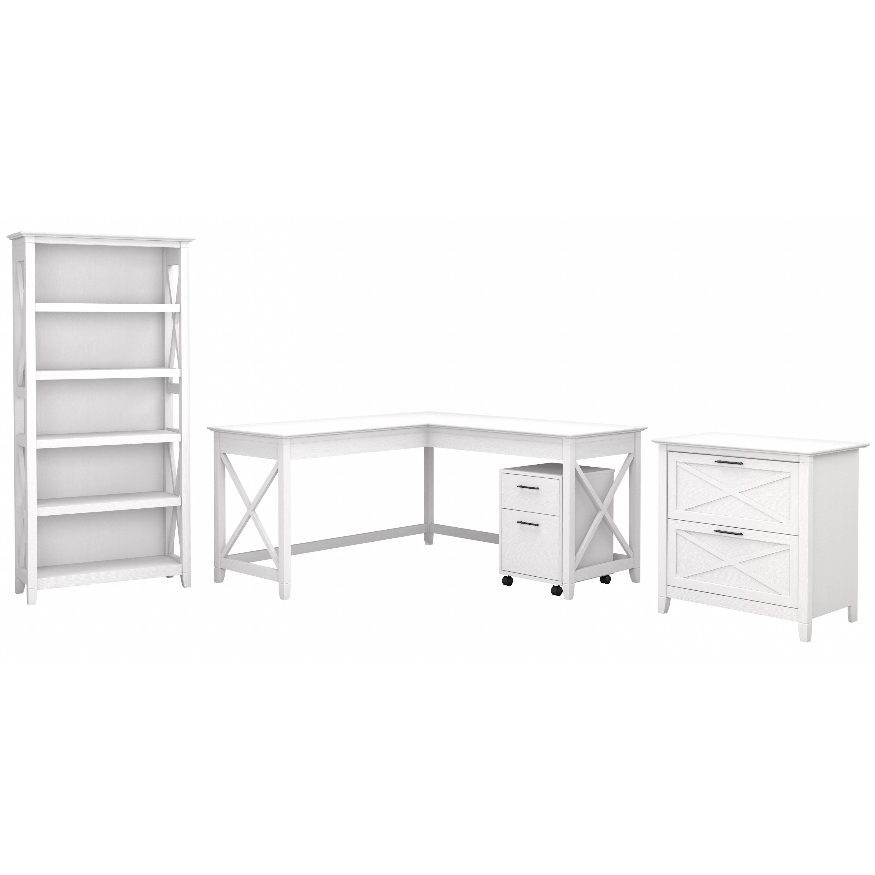 Key West 60W L Shaped Desk with File Cabinets and 5 Shelf Bookcase