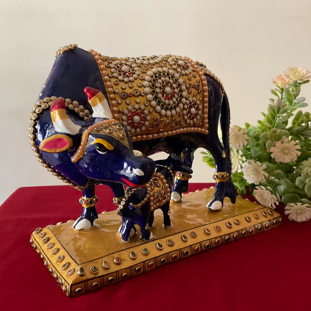 9 Inches Kamdhenu Cow and Calf Set Metallic Statue