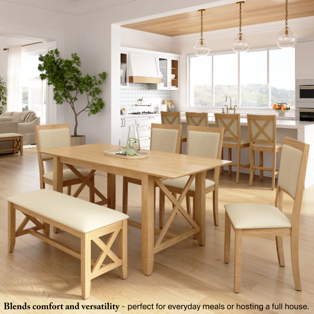 Bush Home Key West 70W Cross Base Dining Table with 6 Upholstered Cross Back Chairs