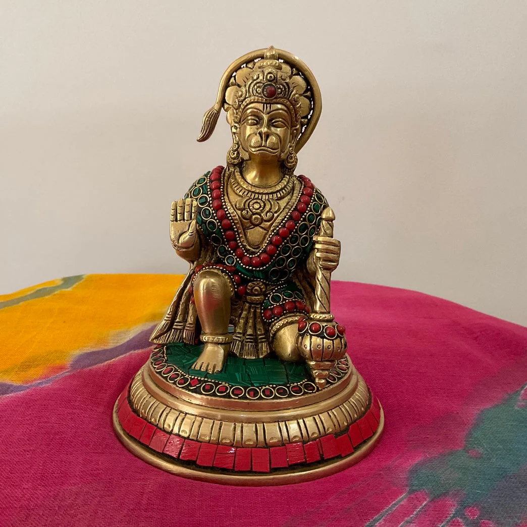 7 Inches Lord Hanuman Brass Idol With Stonework - Decorative Home Decor