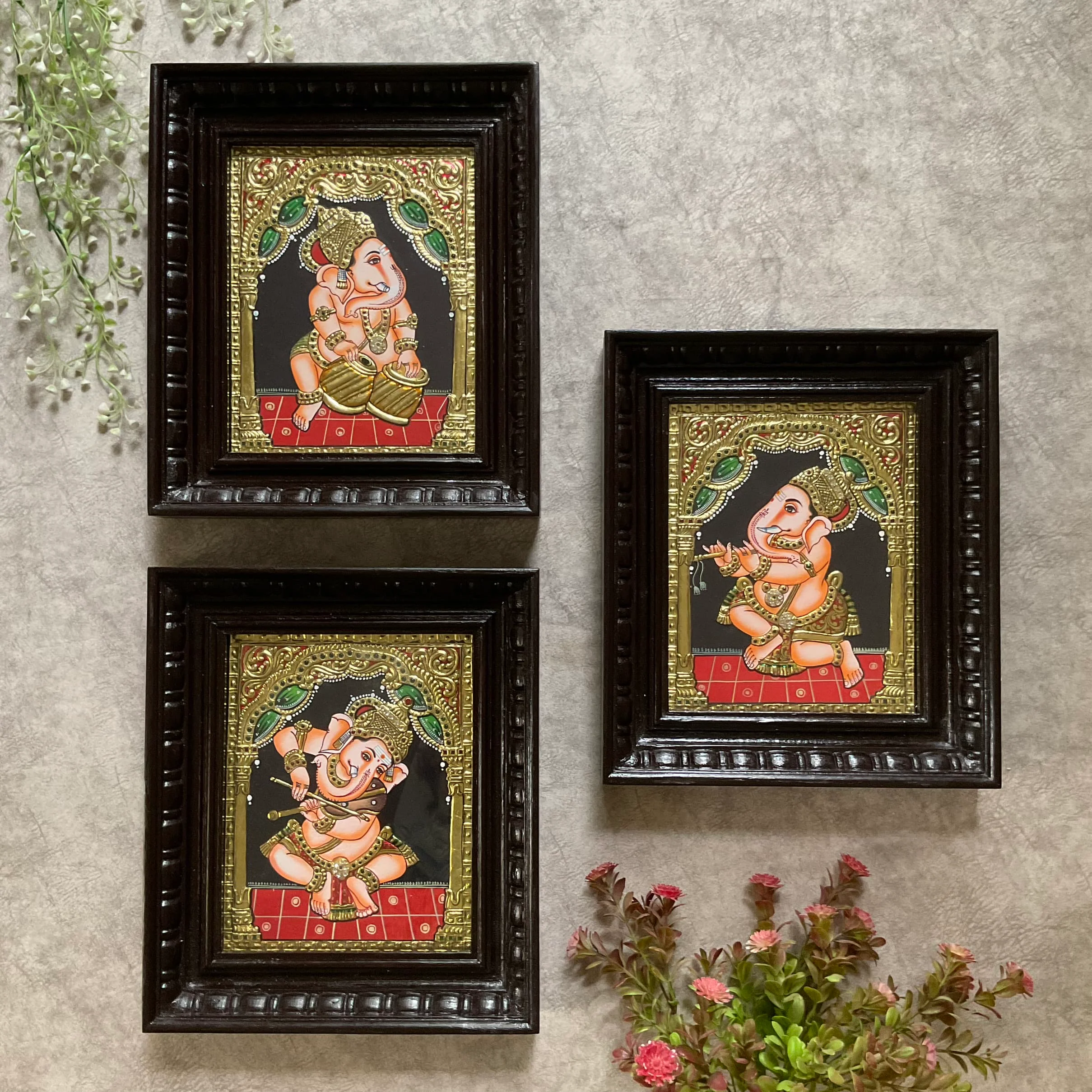 Lord Ganesha Tanjore Painting (Set of 3) - Traditional Wall Art