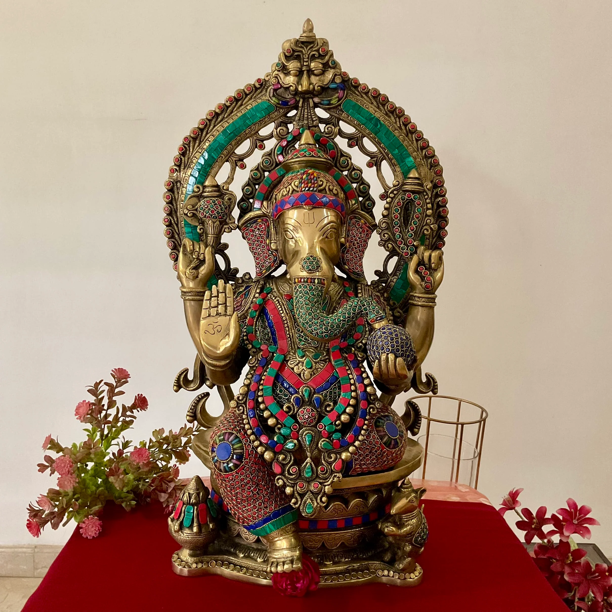 27 Inch Lord Ganesh Idol With Prabhavali - Brass Stonework Statue