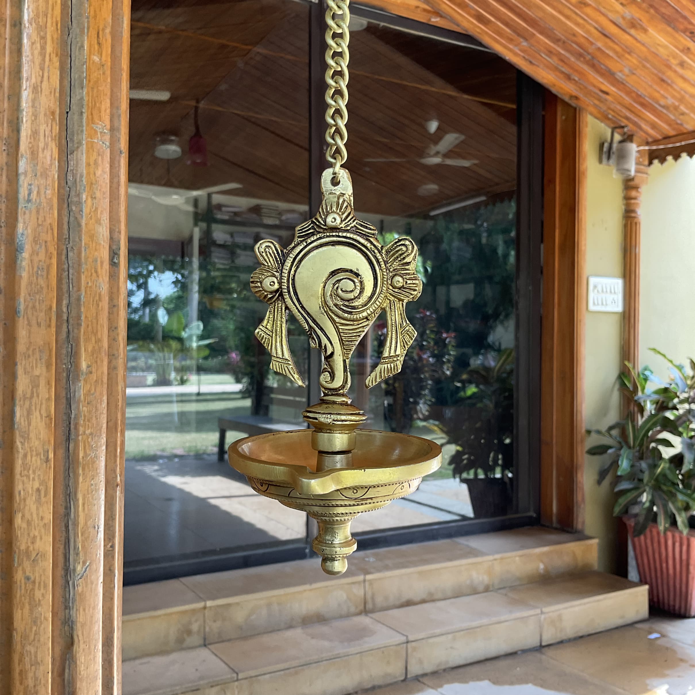 Shanku Chakra Hanging Diya With Brackets (Set is 4) - Brass Wall Hanging - Temple Decor