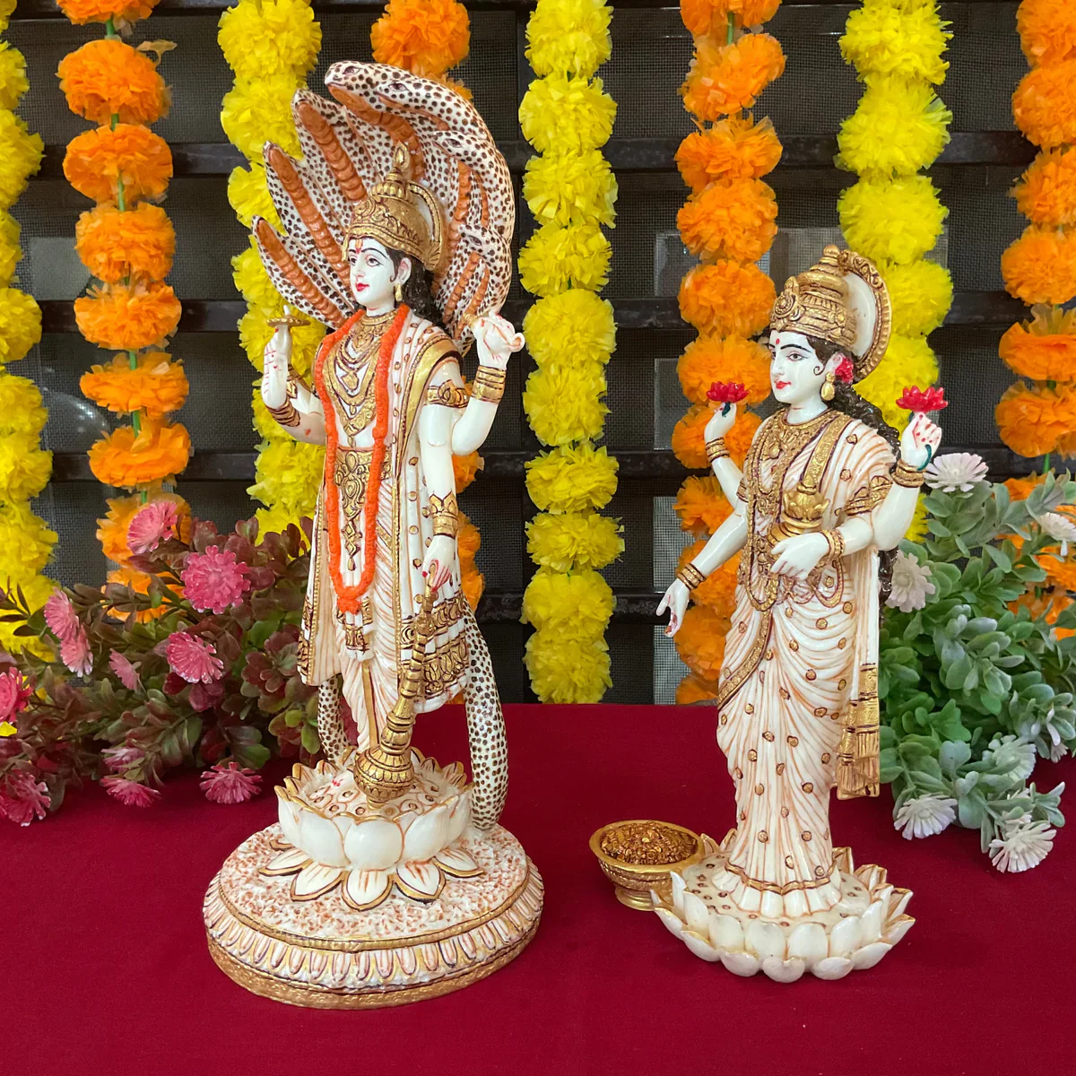 Lord Vishnu And Goddess Lakshmi Marble Dust and Resin Idol - Decorative Home Decor