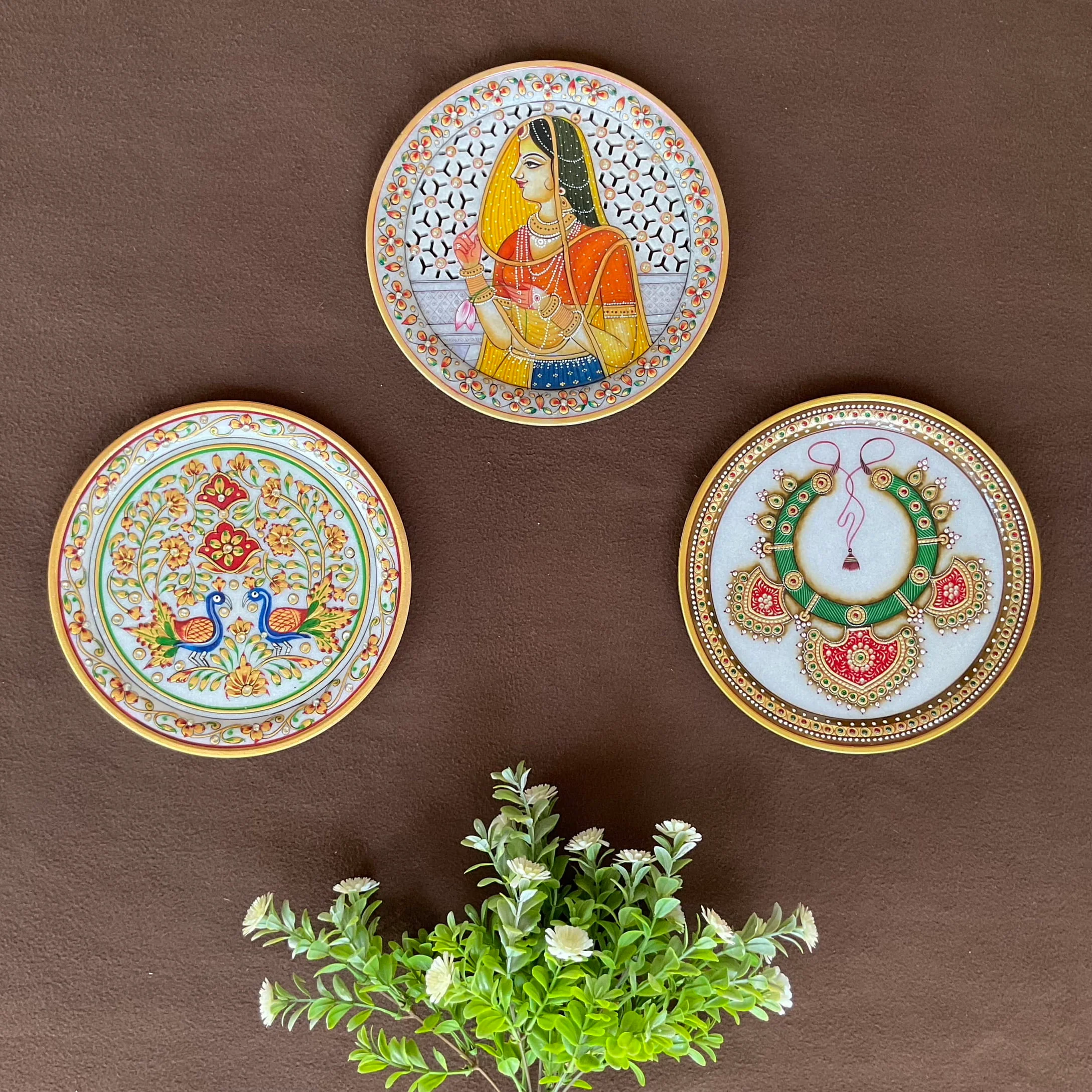 Rajasthani Meenakari Jewelry Painting (Set of 3) - Wall Hanging - Decorative Round Marble Plate
