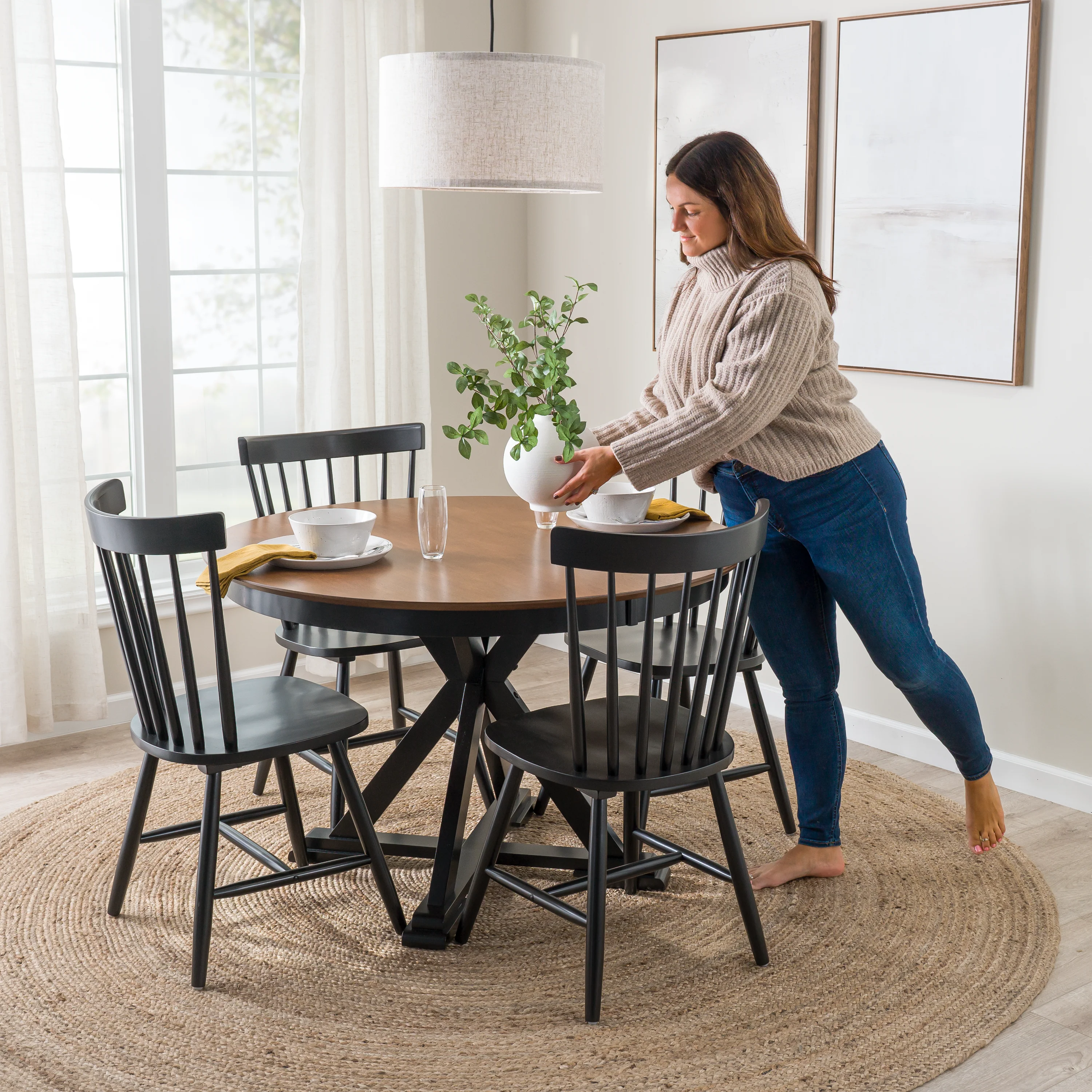West End 45W Round Trestle Dining Table with 4 High Back Spindle Dining Chairs