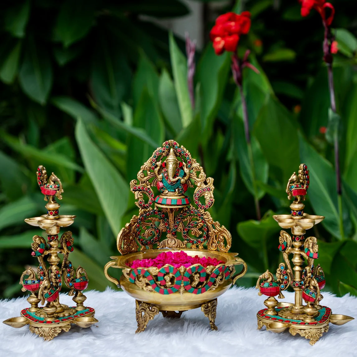 12.5 Inches Decorative Brass Urli With Lord Ganesha & Standing Peacock Diya Stonework ( Set of 3) - Festive Decor