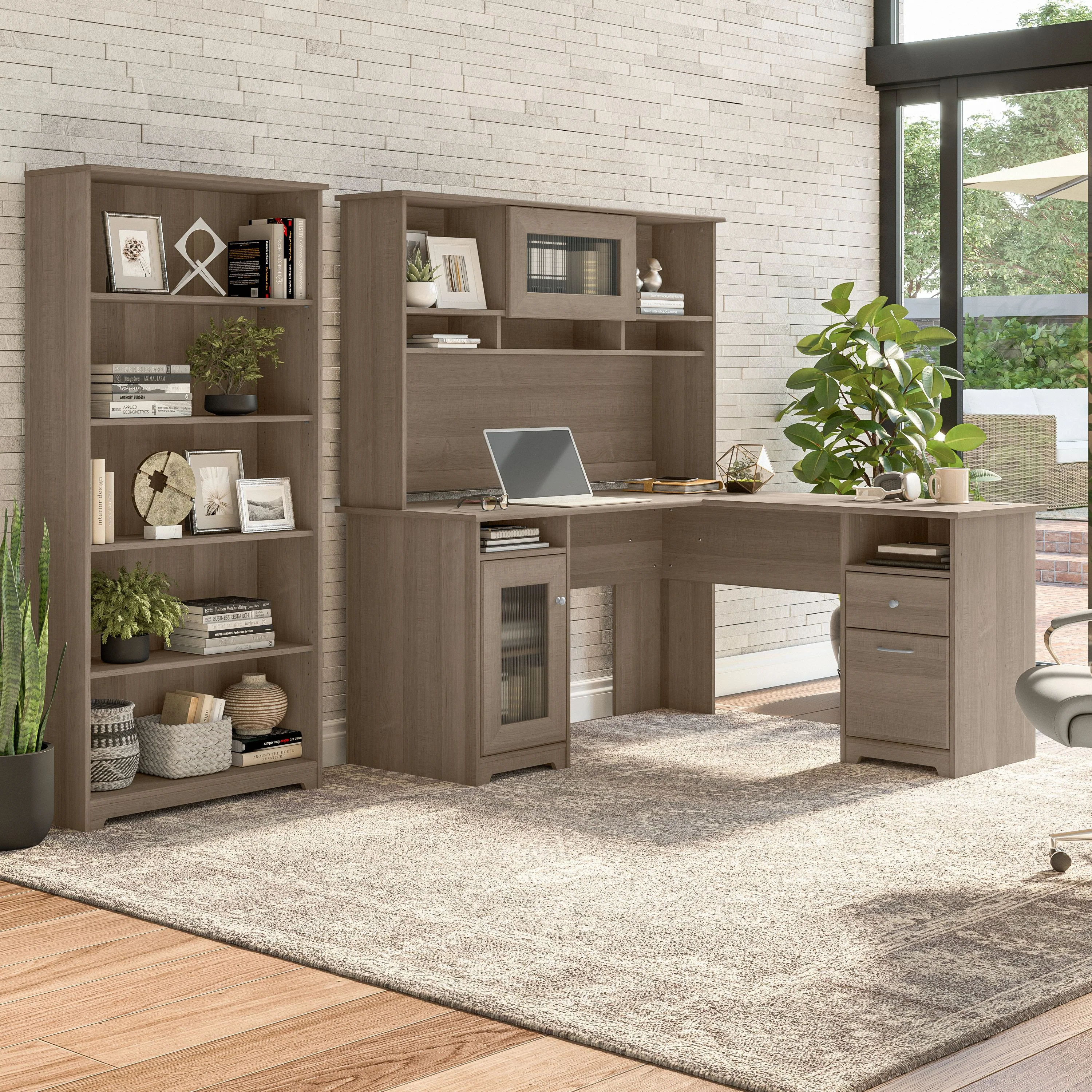 Cabot 60W L Shaped Computer Desk with Hutch and 5 Shelf Bookcase