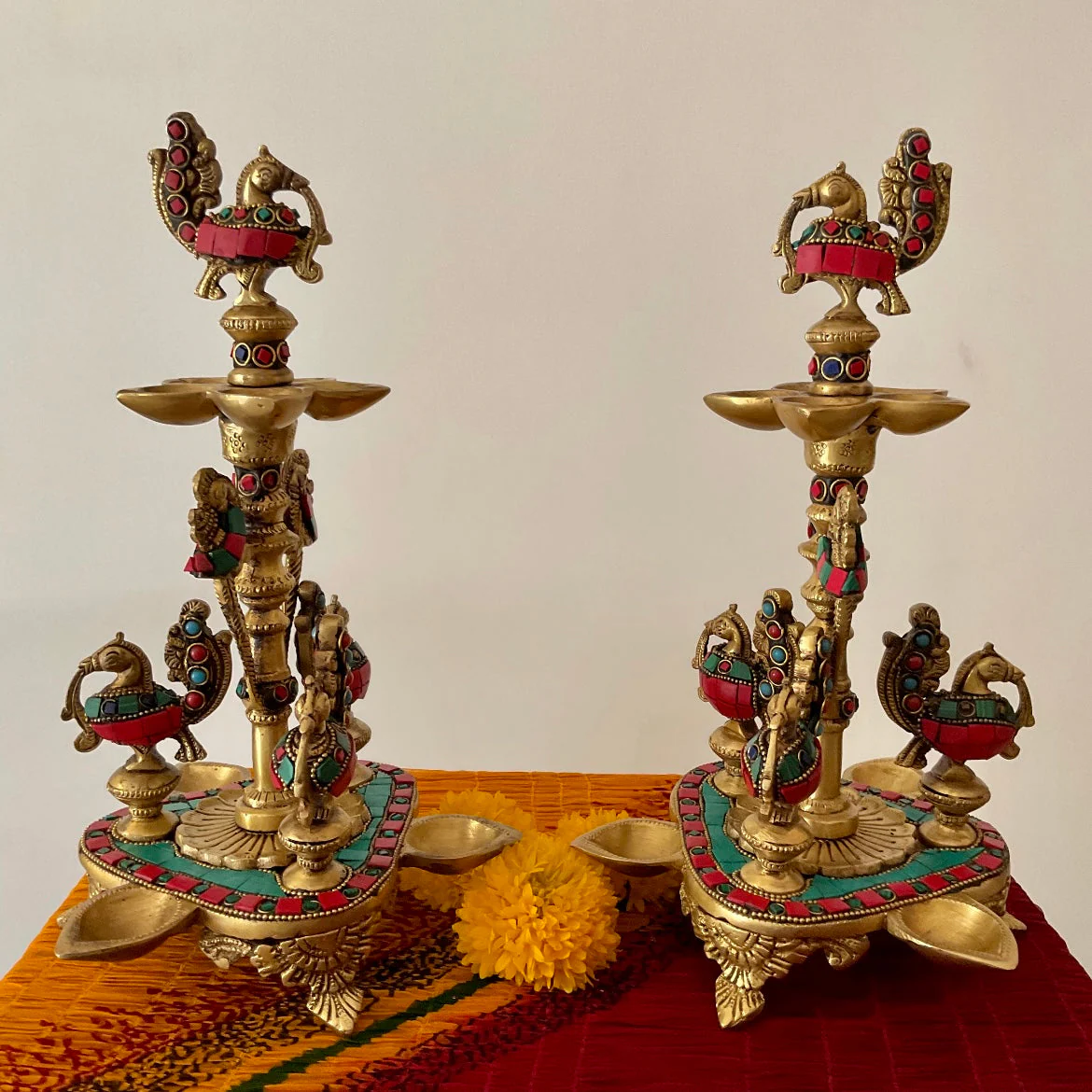 Brass Diya Lamp With Stonework: Annam Peacock (Set of 2) For Home Festive Decor