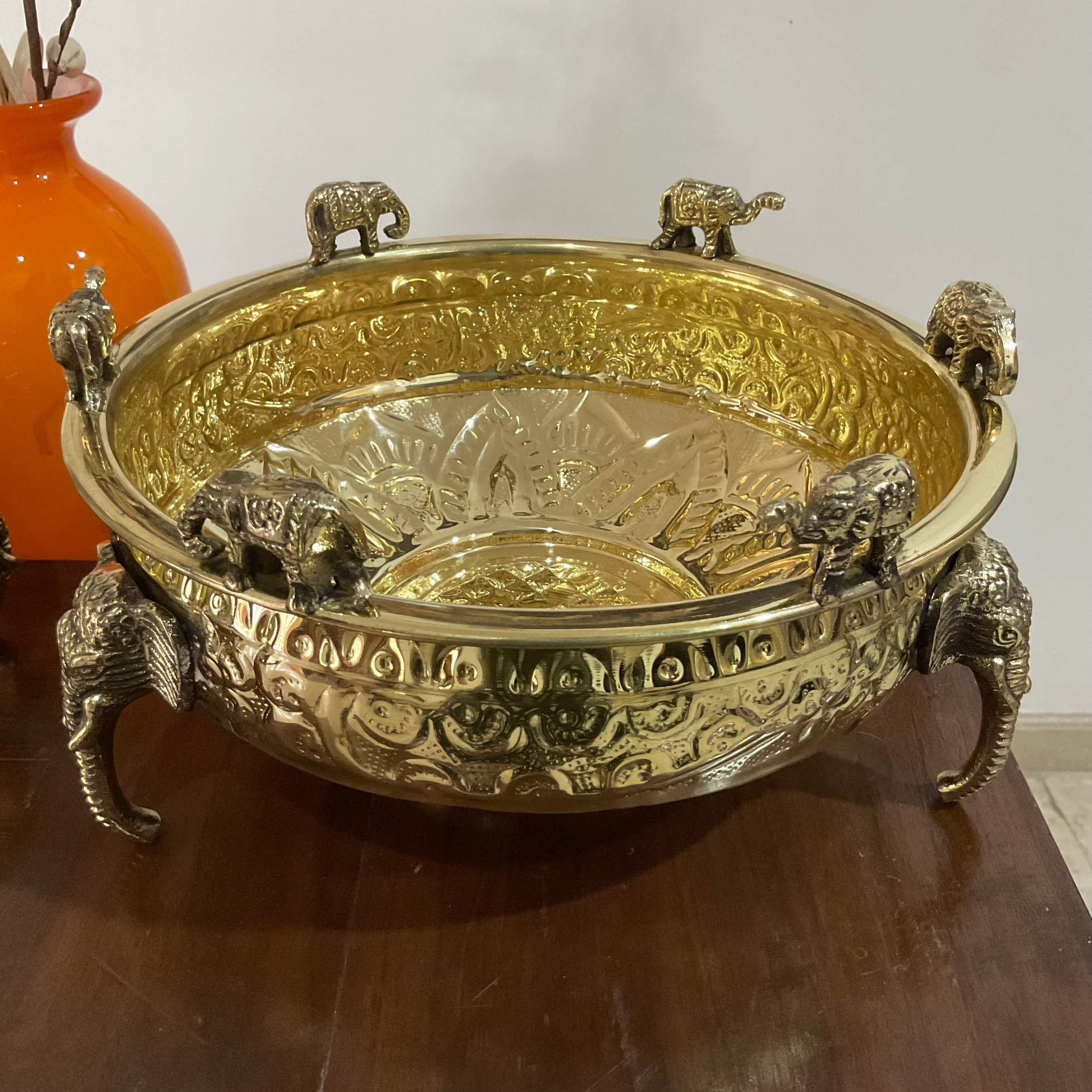 Brass Elephant Urli - 10 Inch Urli Bowl For Festive Decor