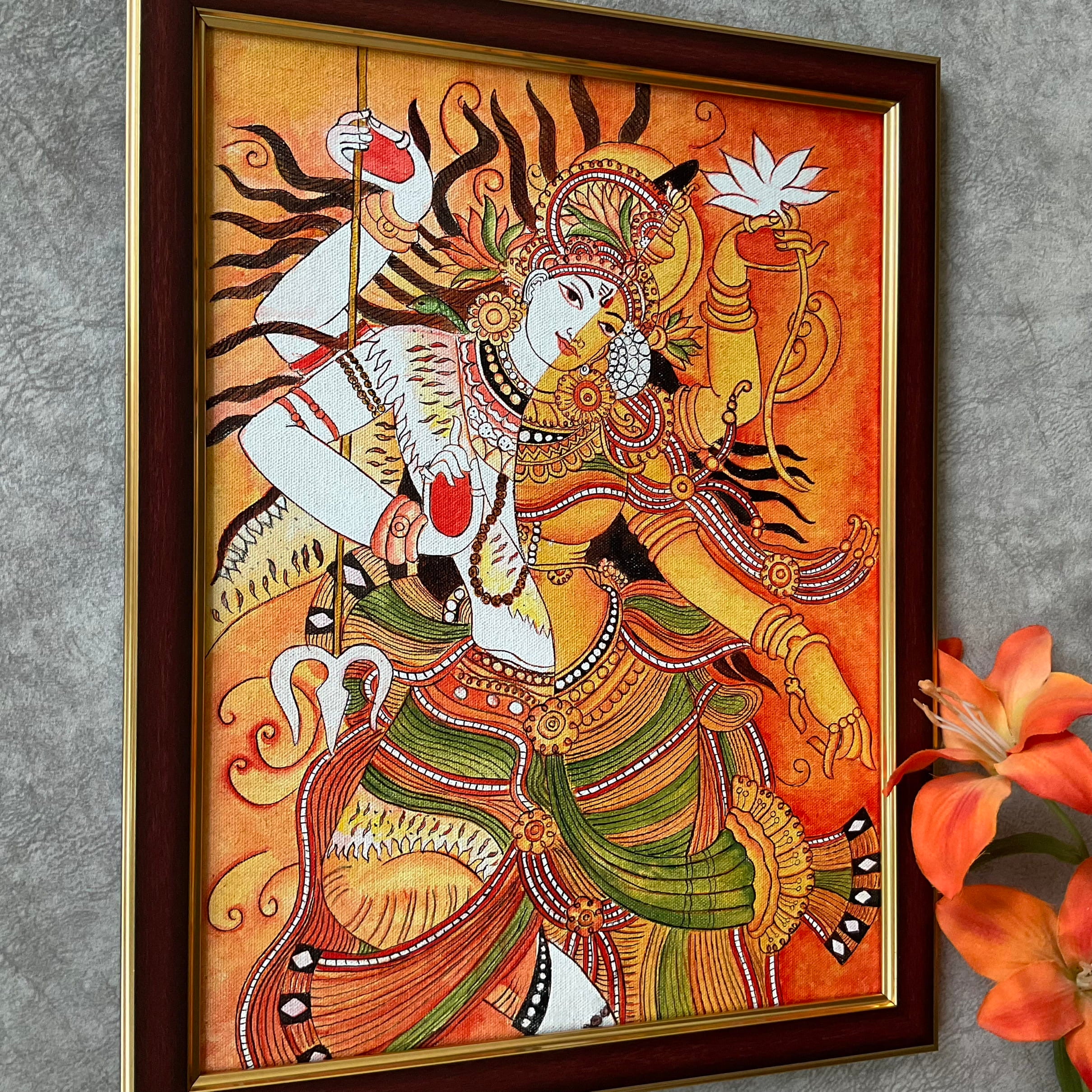 Ardhanarishvara Kerala Mural - Shiva Parvathi Handpainted Wall Decor
