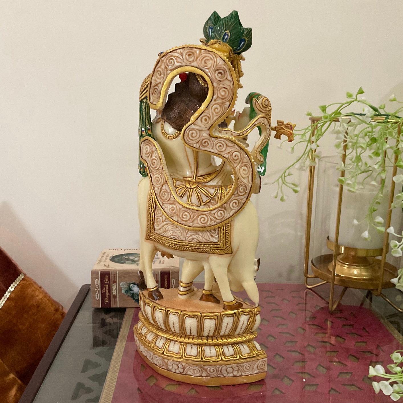 Handcrafted Krishna & Cow Marble Dust Resin Idol -  Hindu God Statue - Decorative Murti