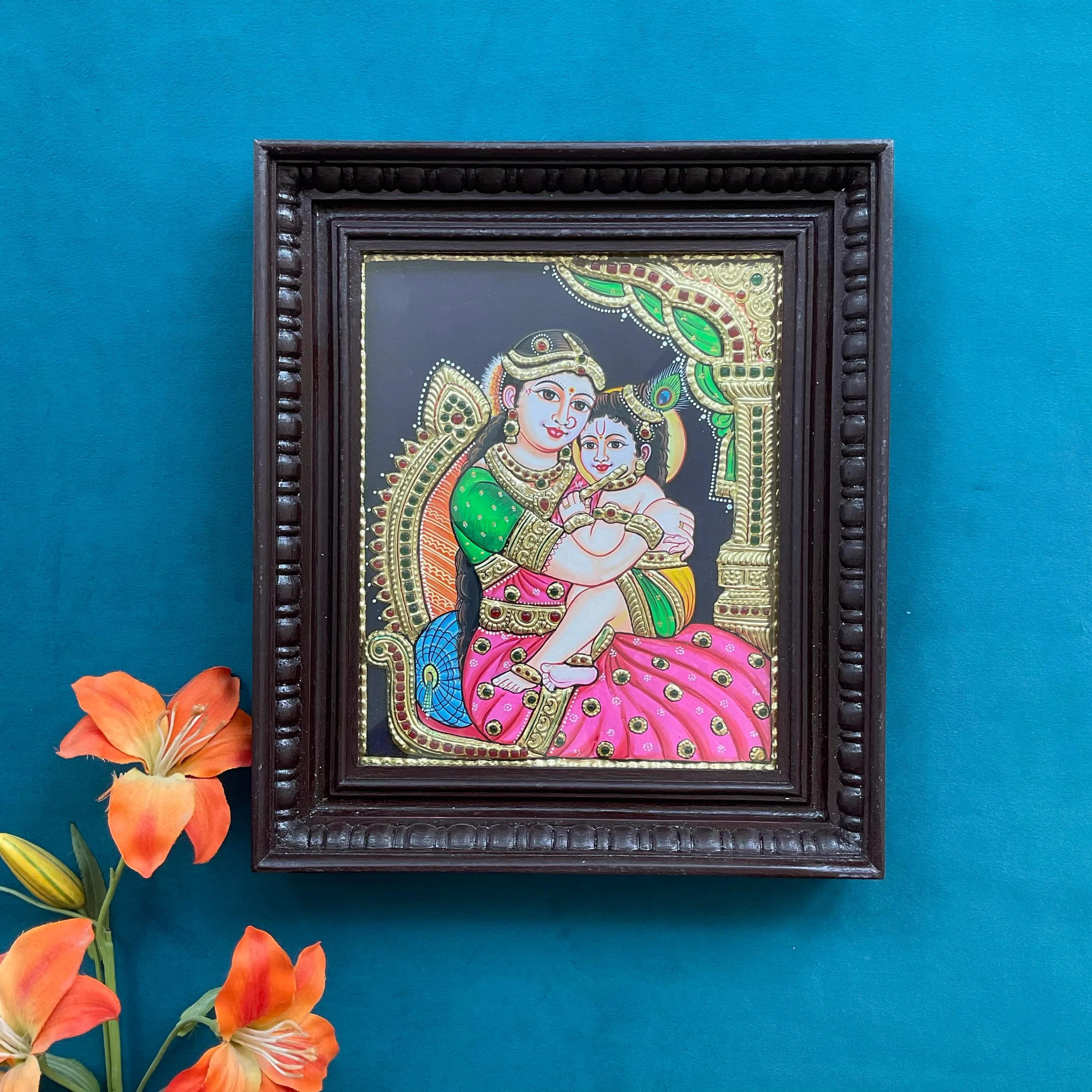 Baby Krishna Yashoda Ma Tanjore Painting - Traditional Wall Art