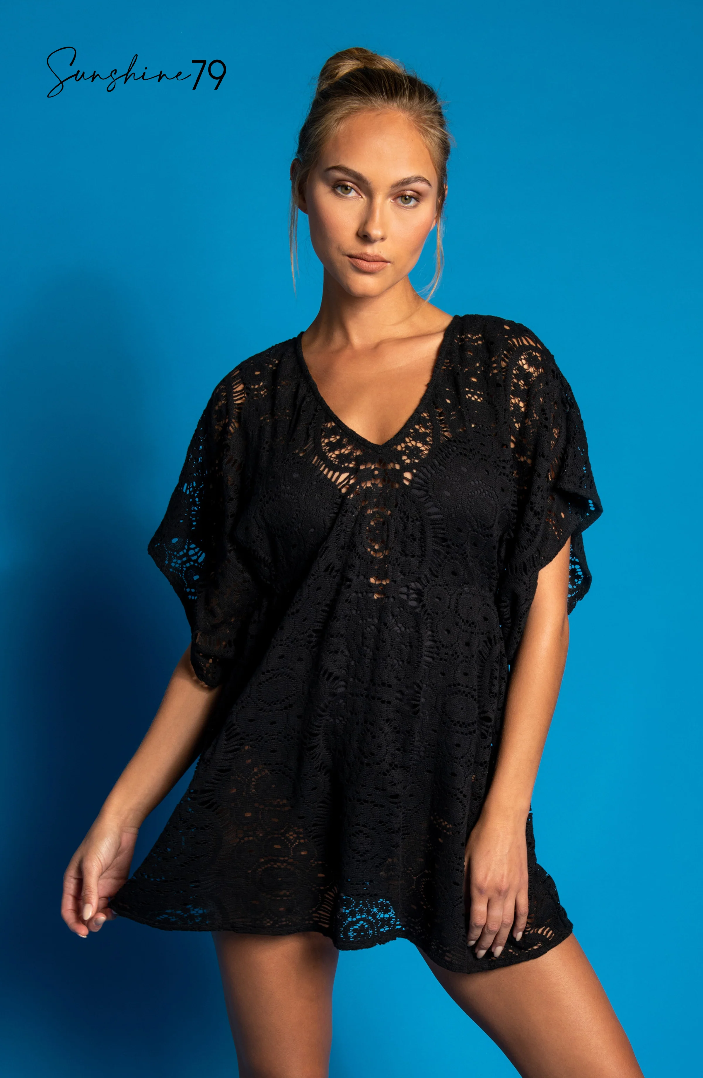 Sunshine 79 Chillin' Crochet V-Neck Caftan Cover Up - Black - FINAL SALE