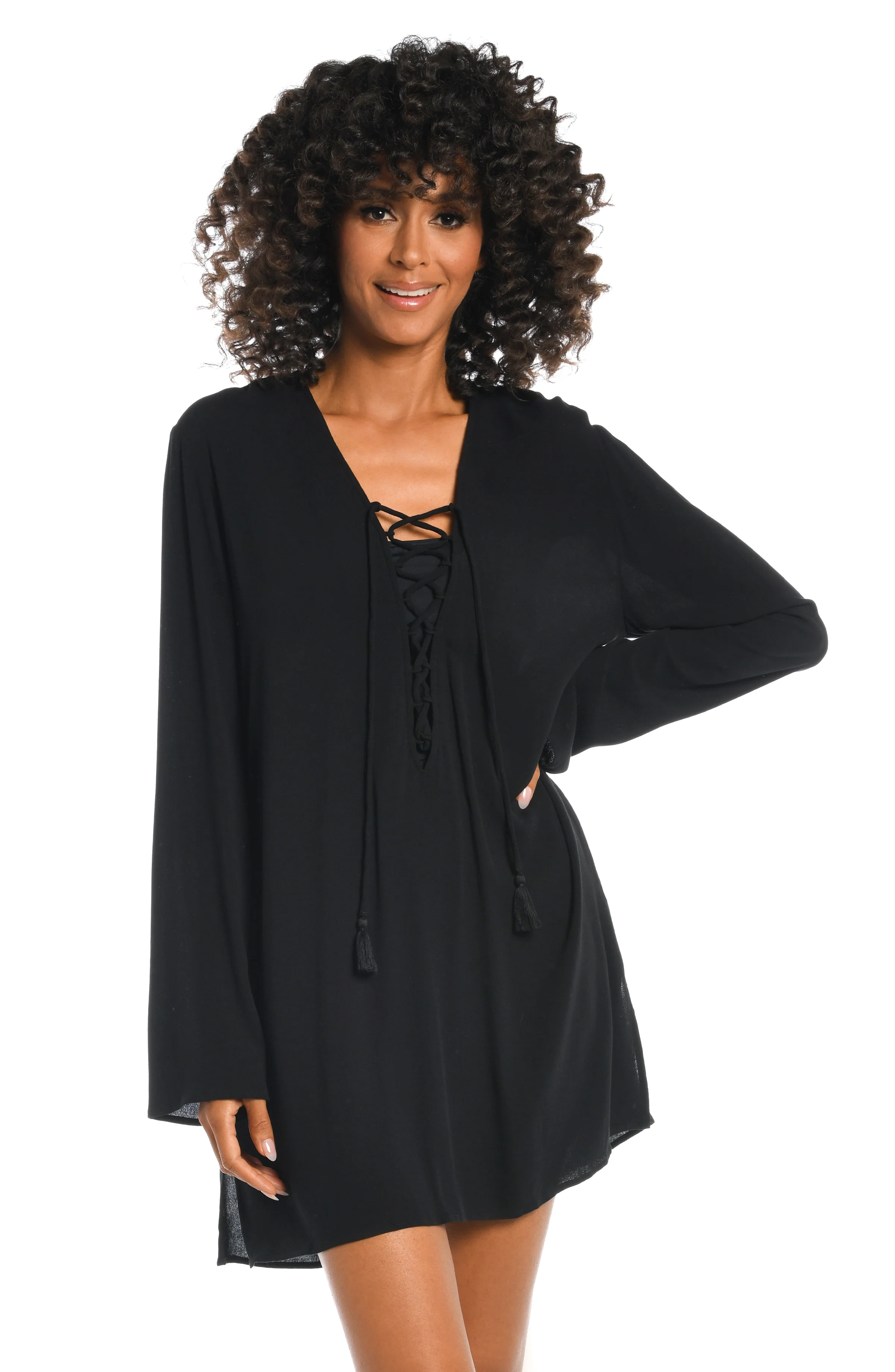 Beachcomber Basics Lace Up V-Neck Tunic - Black - FINAL SALE