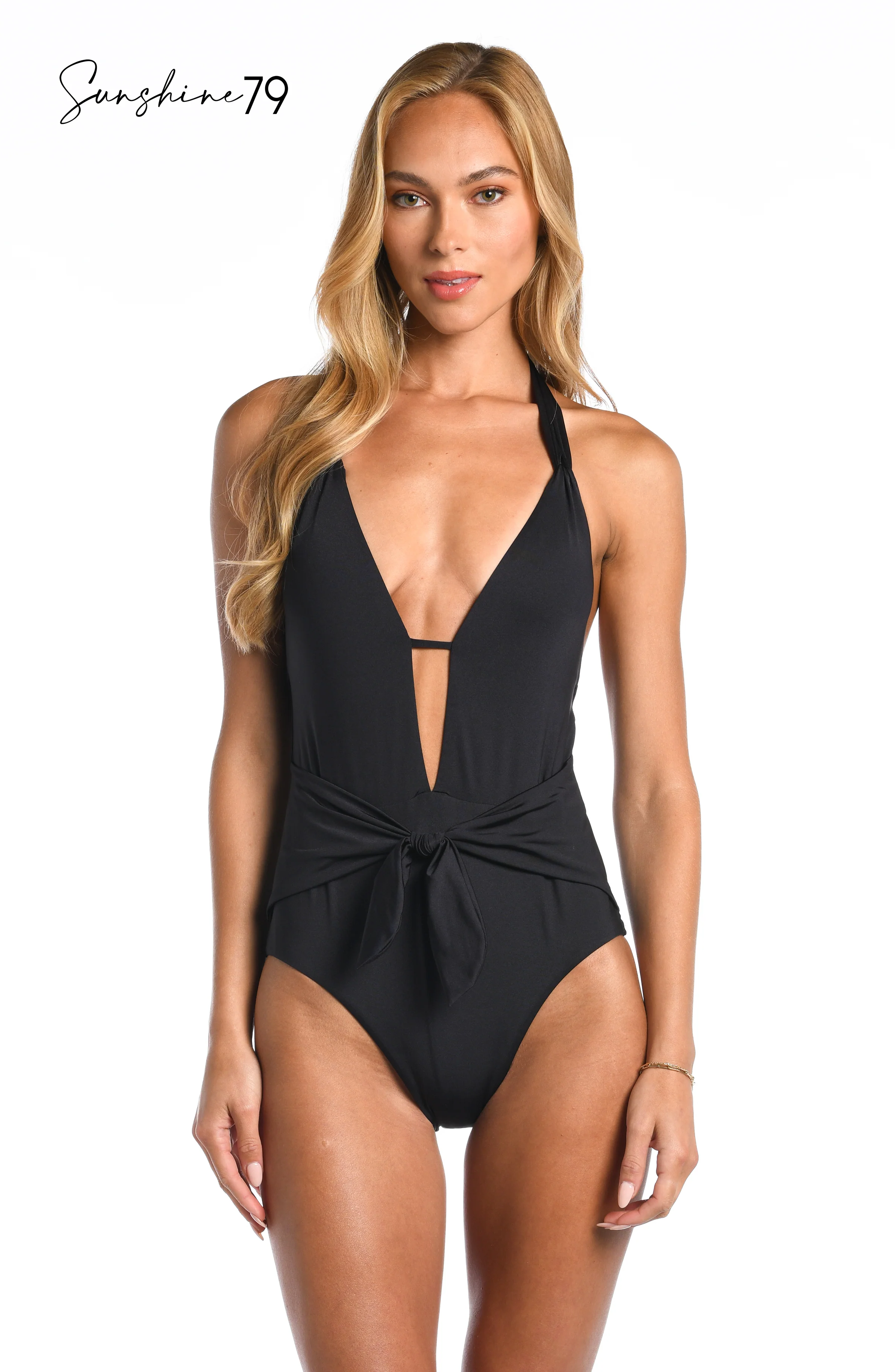 Sunshine 79 Sunshine Solids Keyhole V-Plunge Halter One Piece - FINAL SALE