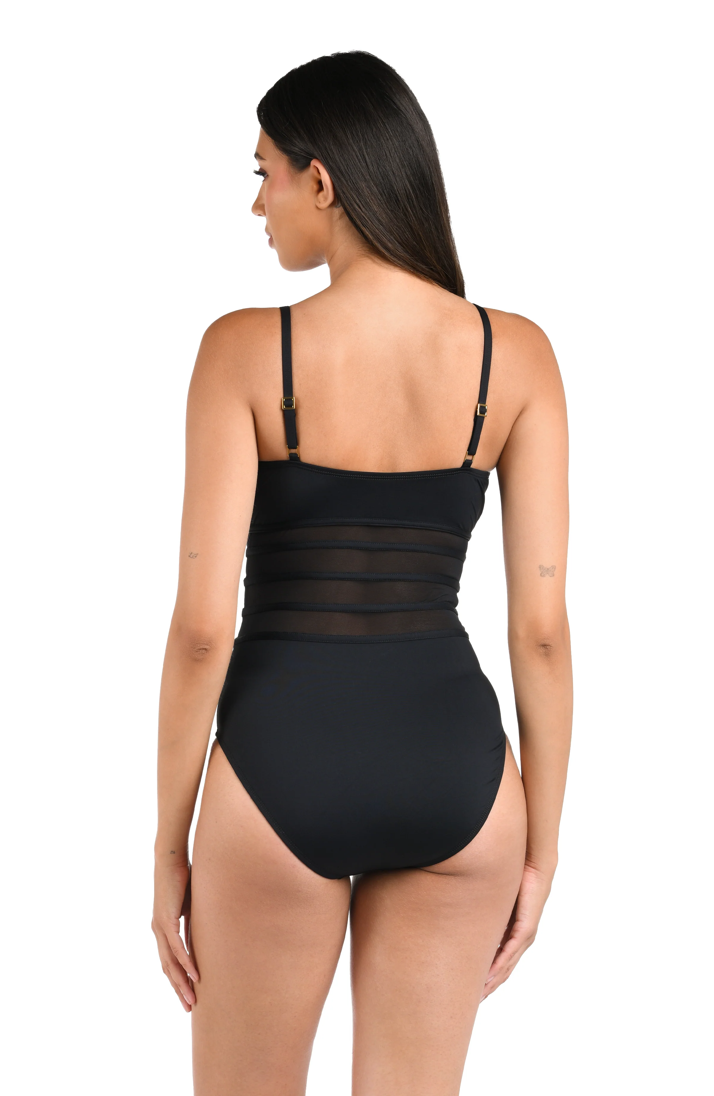 Island Goddess Over the Shoulder Mesh One Piece - Black