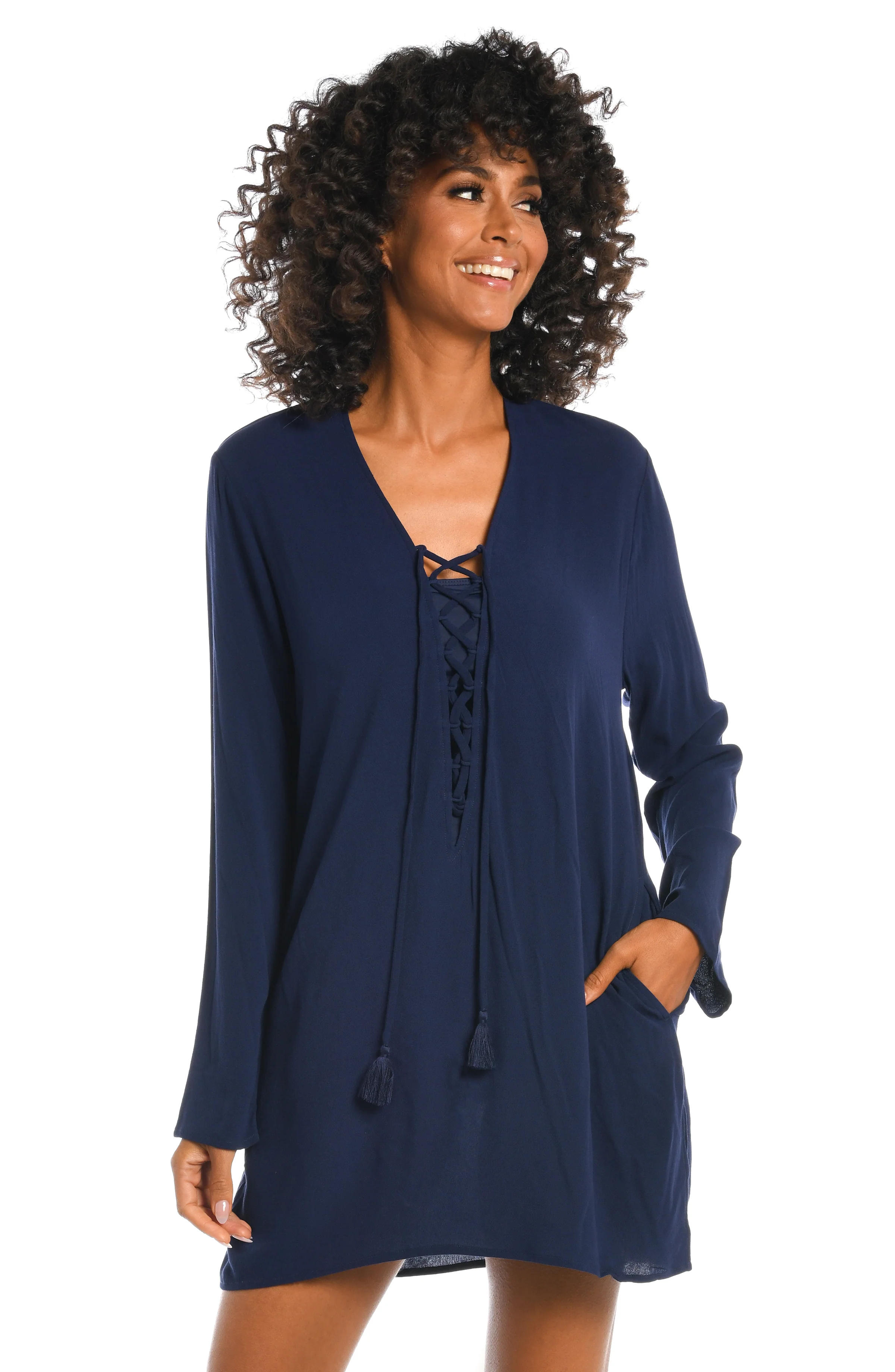 Beachcomber Basics Lace Up V-Neck Tunic - Indigo - FINAL SALE