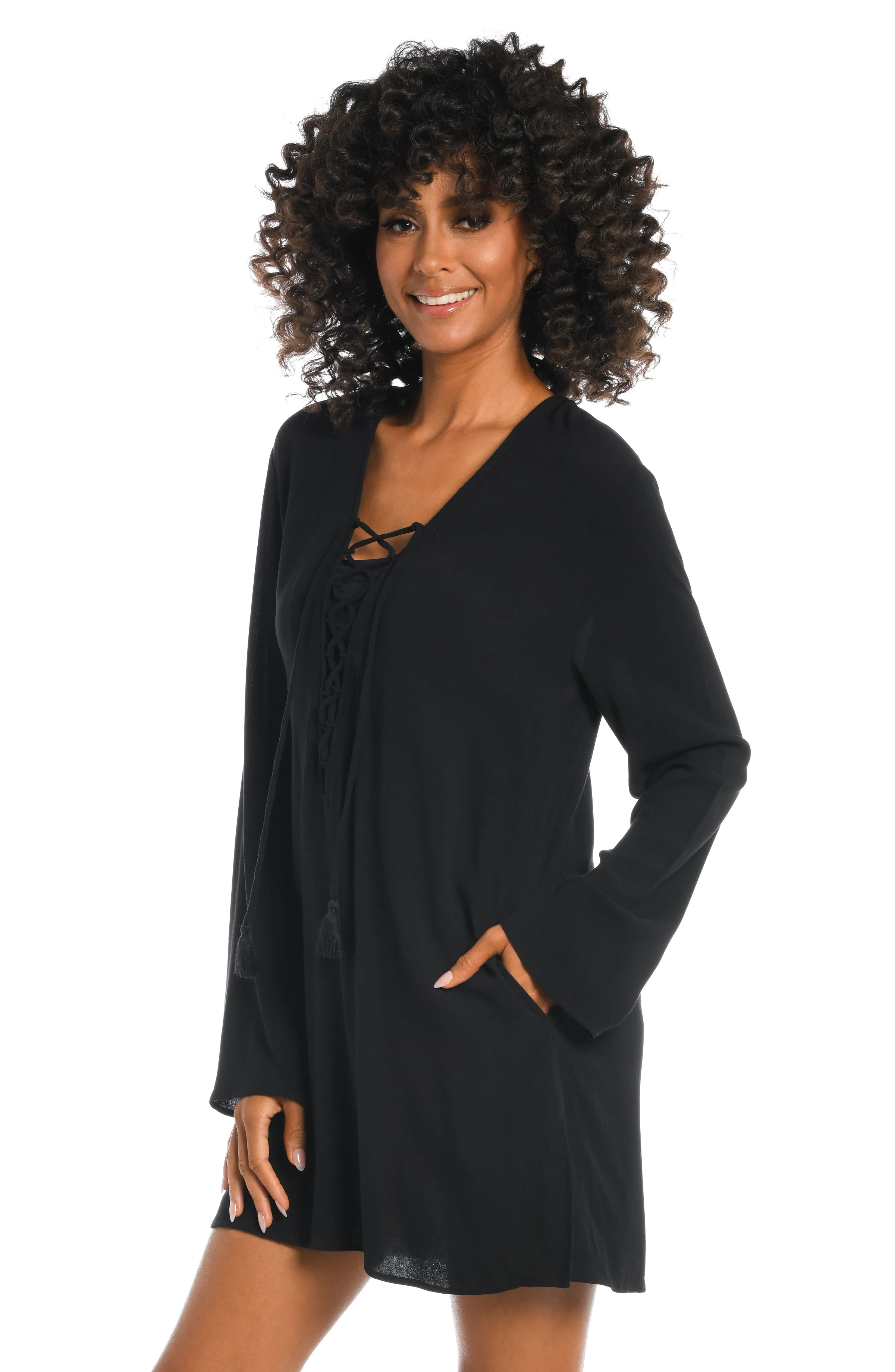 Beachcomber Basics Lace Up V-Neck Tunic - Black - FINAL SALE