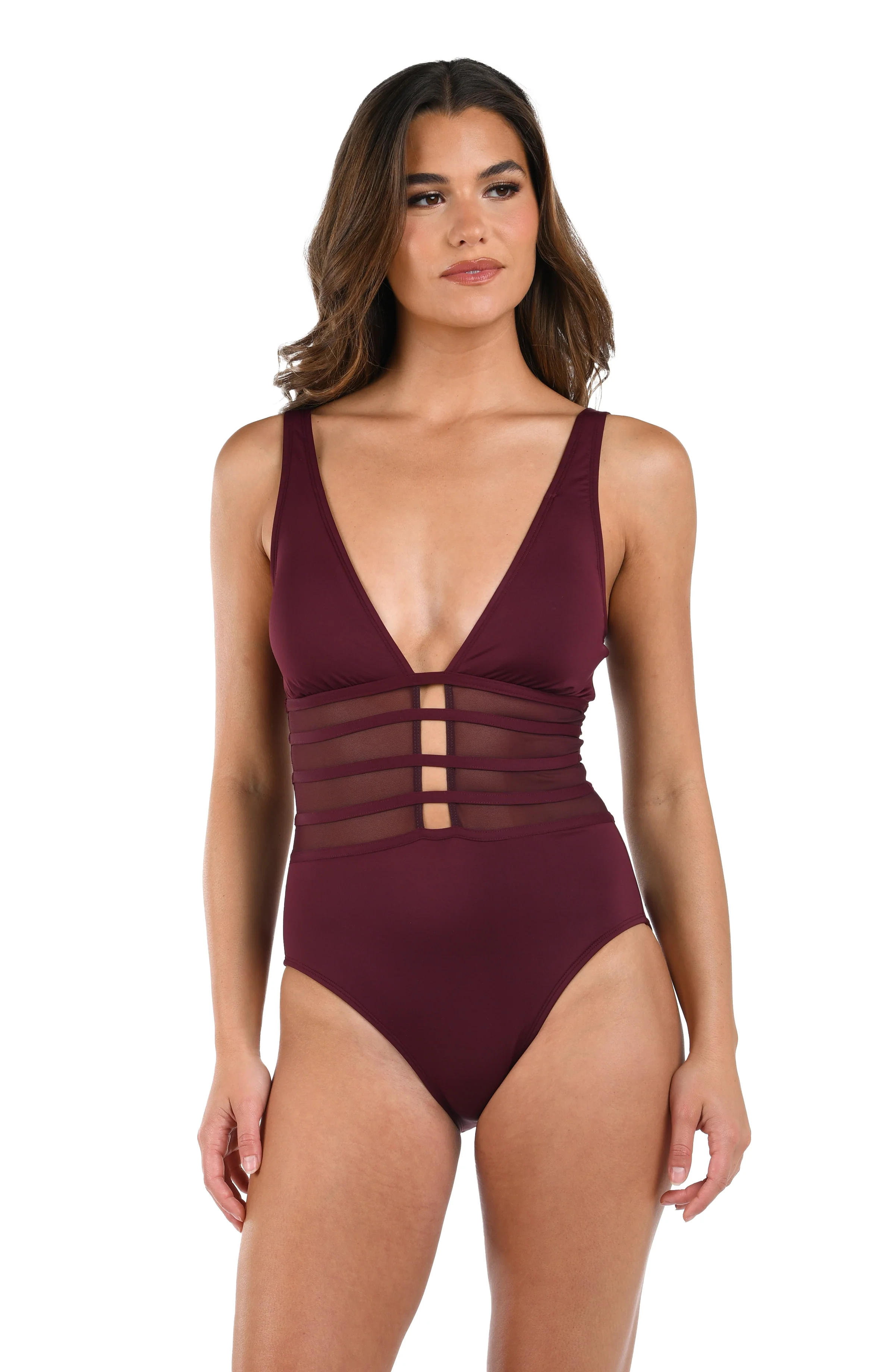 Island Goddess Over the Shoulder Mesh One Piece - Dark Cherry