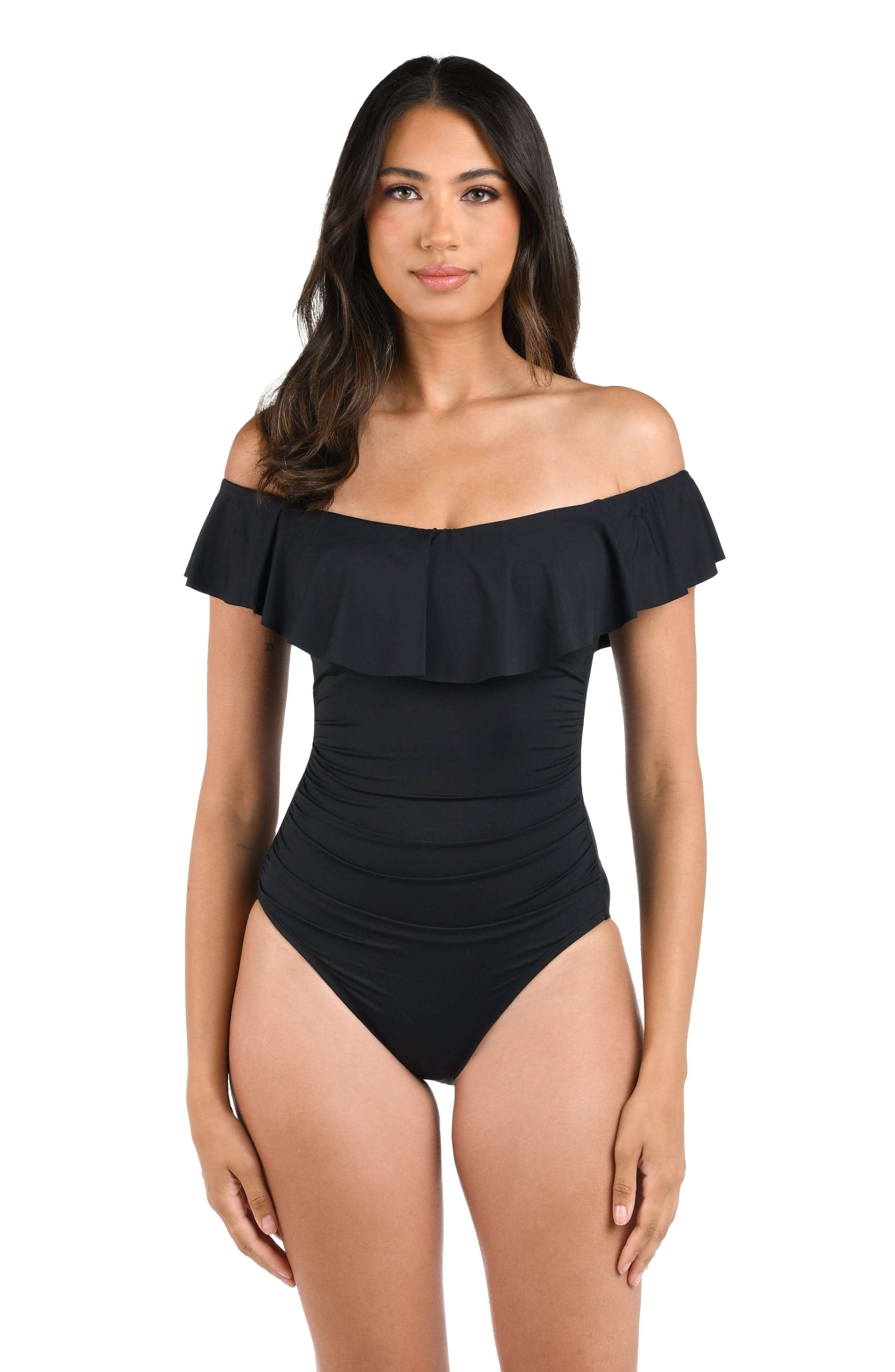 Island Goddess Off Shoulder Ruffle One Piece - Black
