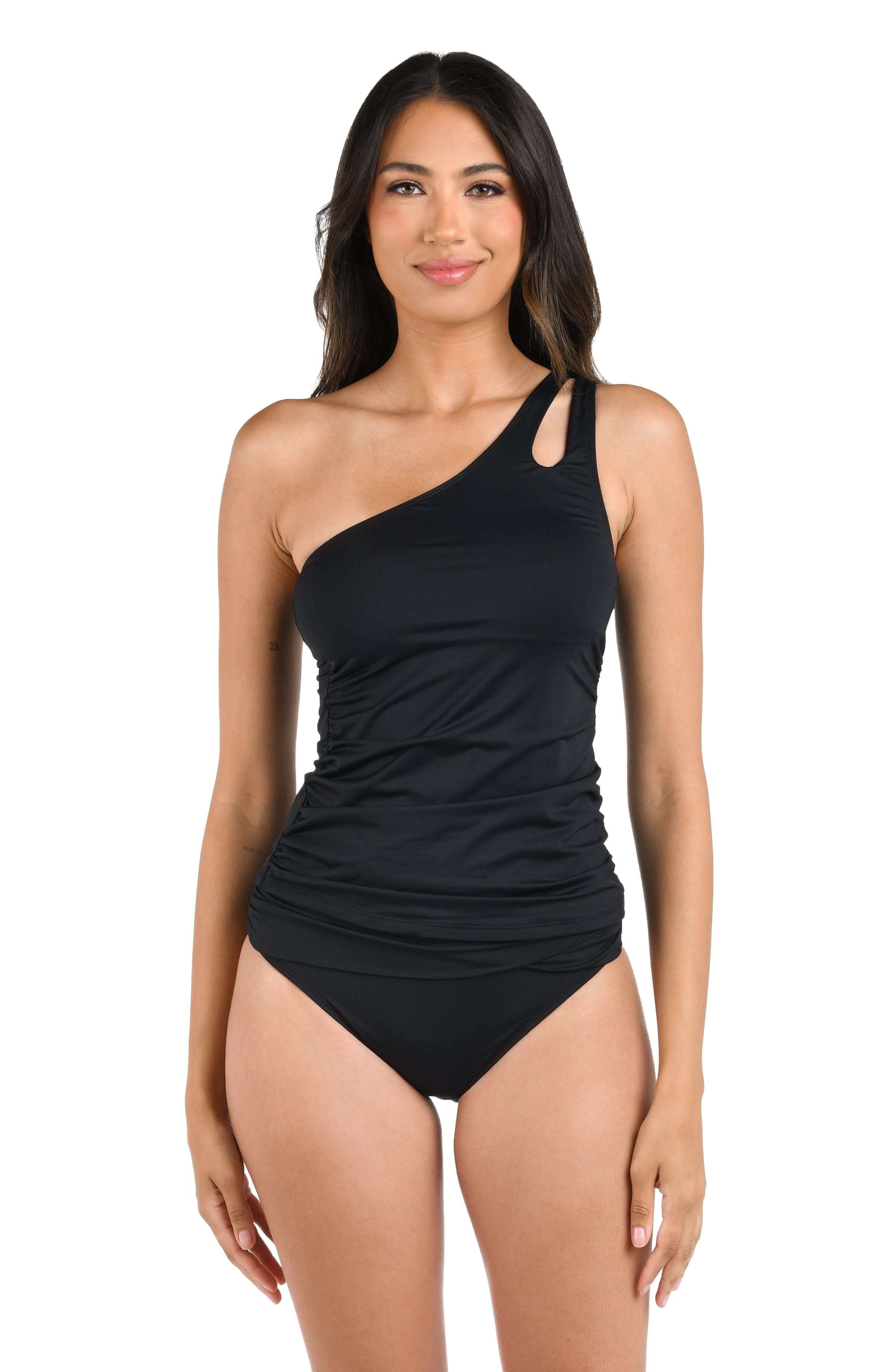 Island Goddess One Shoulder Keyhole Tankini Top - Black