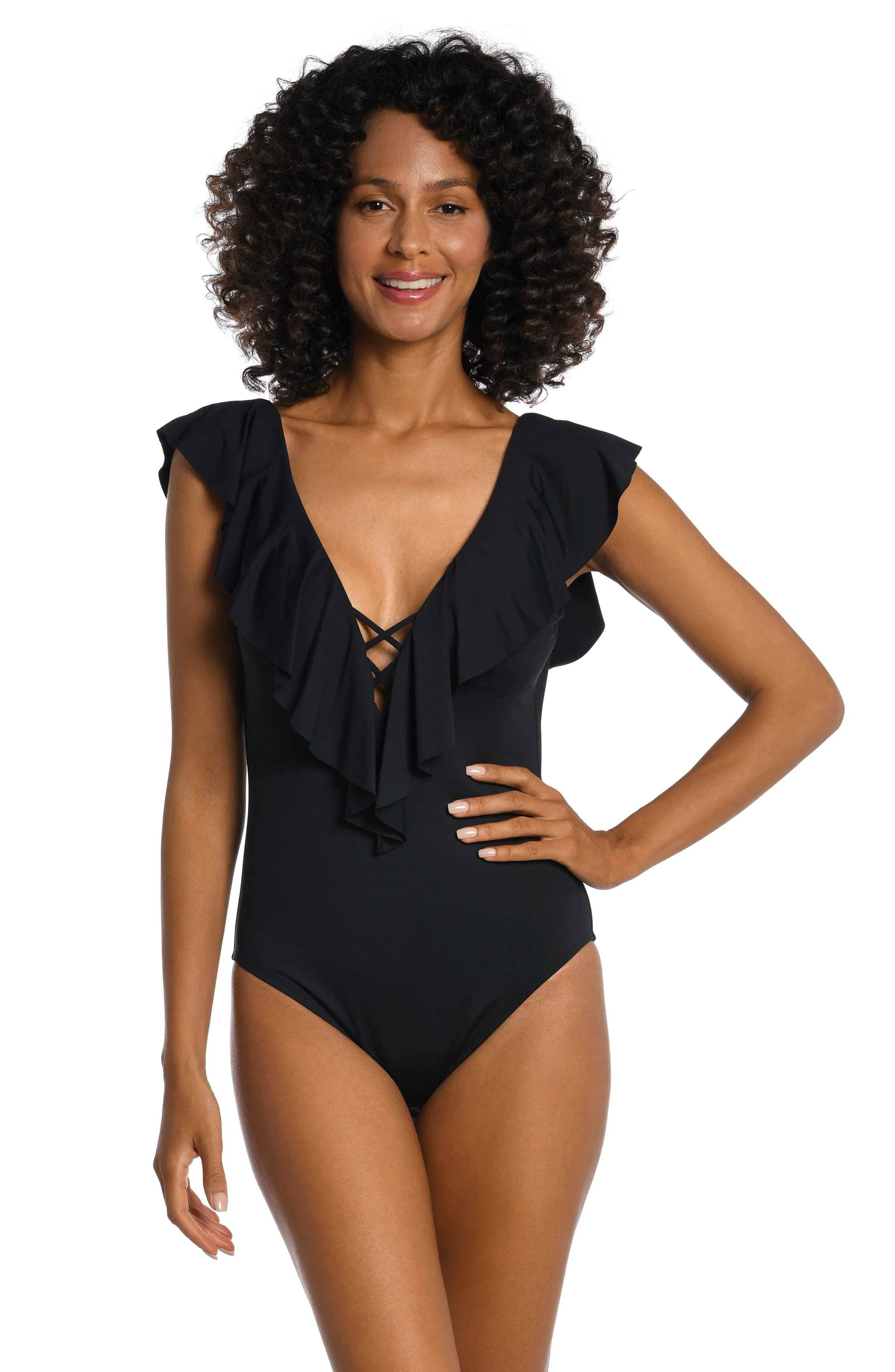 Island Goddess Ruffle Plunge One Piece - Black - FINAL SALE