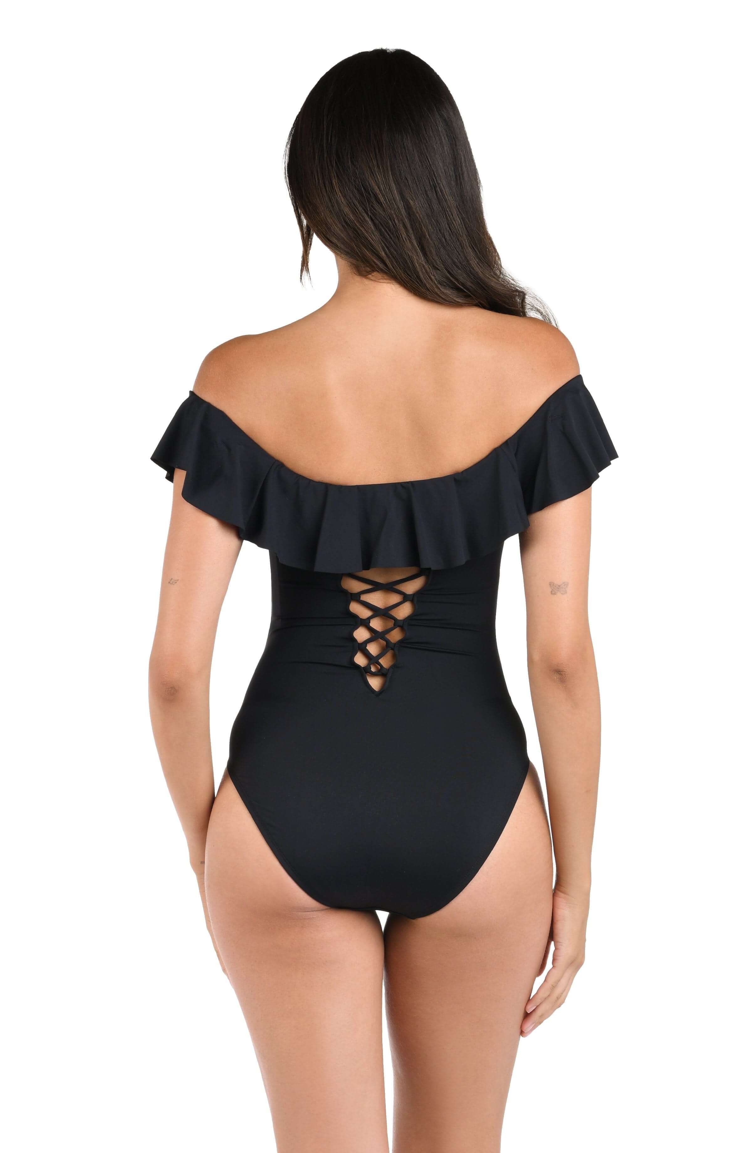 Island Goddess Off Shoulder Ruffle One Piece - Black