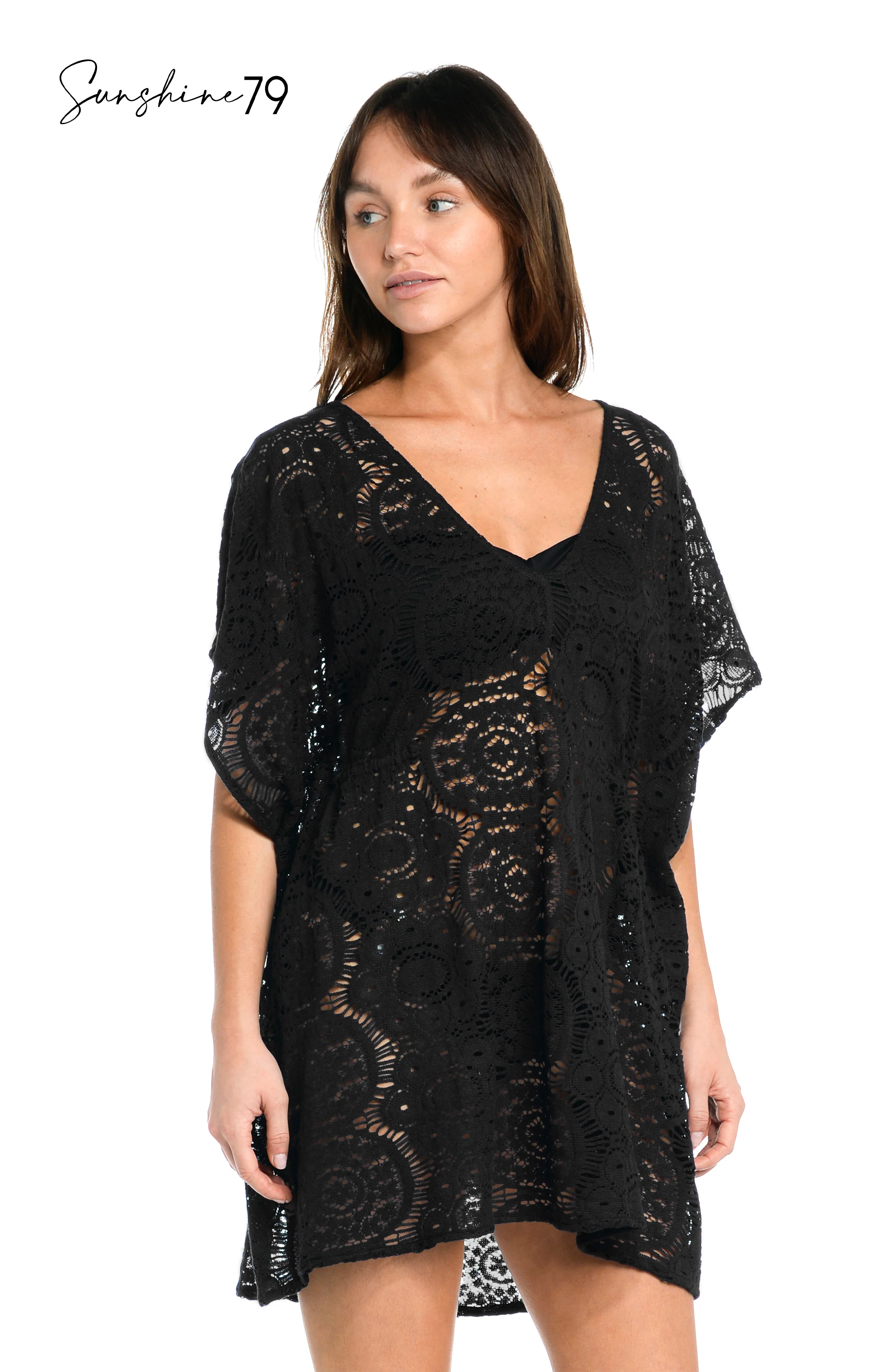 Sunshine 79 Chillin' Crochet V-Neck Caftan Cover Up - Black - FINAL SALE