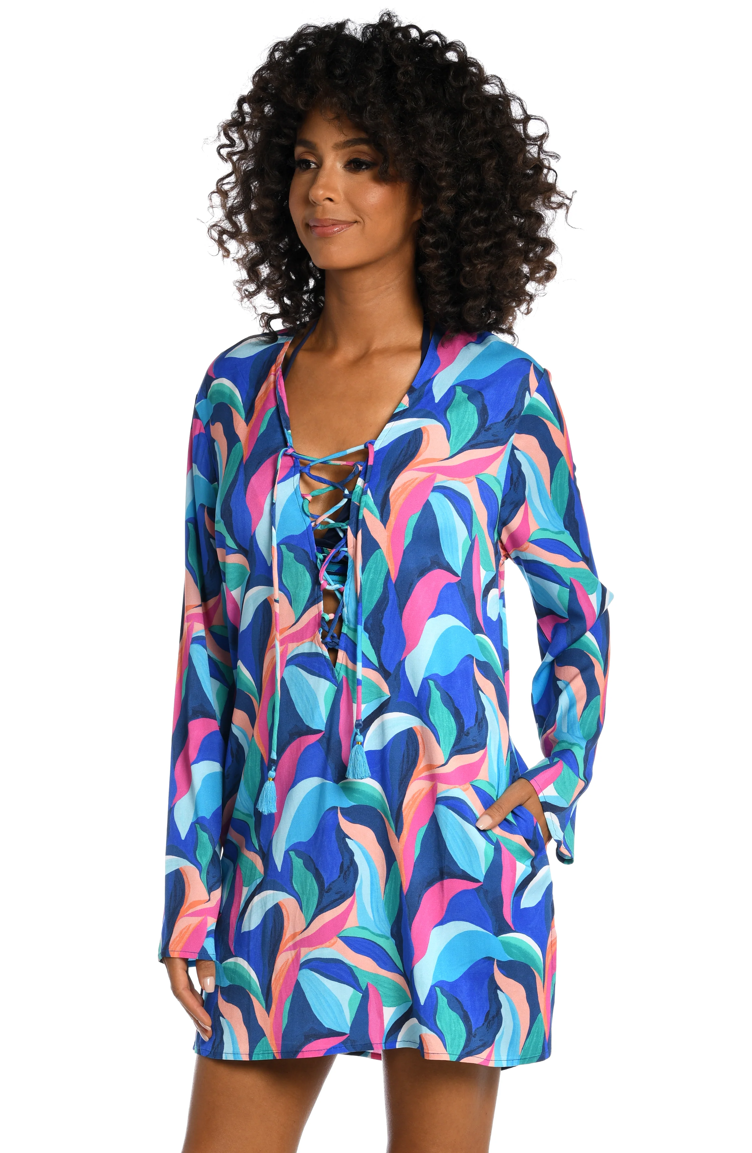 Painted Leaves Lace Up V-Neck Tunic - FINAL SALE