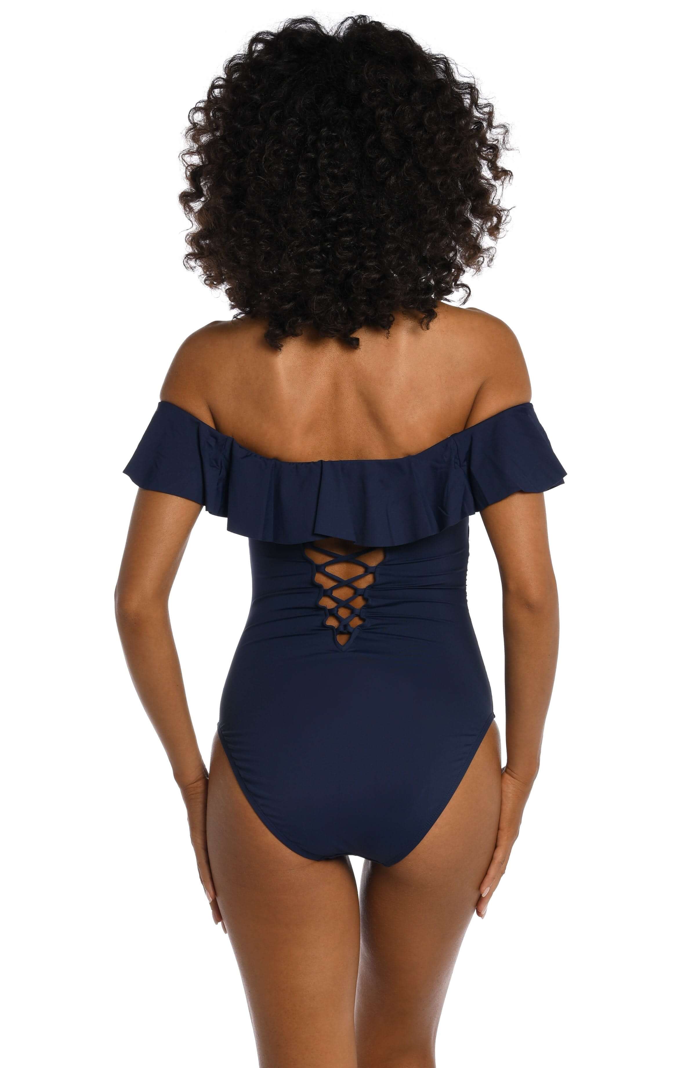 Island Goddess Off Shoulder Ruffle One Piece - Indigo