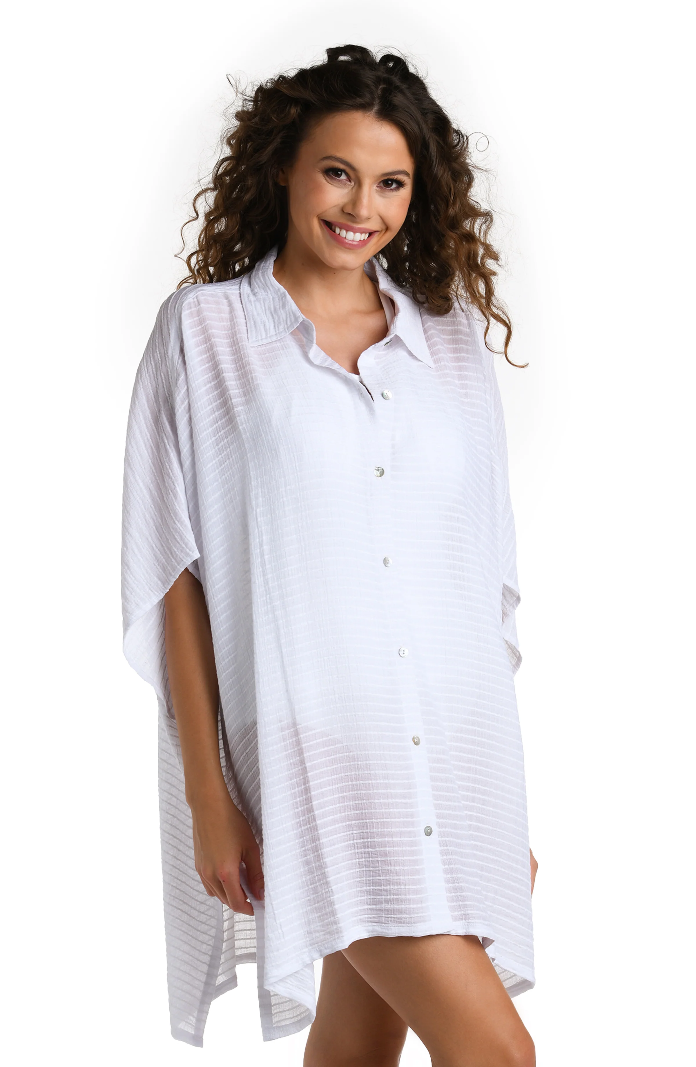 Shadow Stripe Convertible Shirt Dress Cover Up - White - FINAL SALE