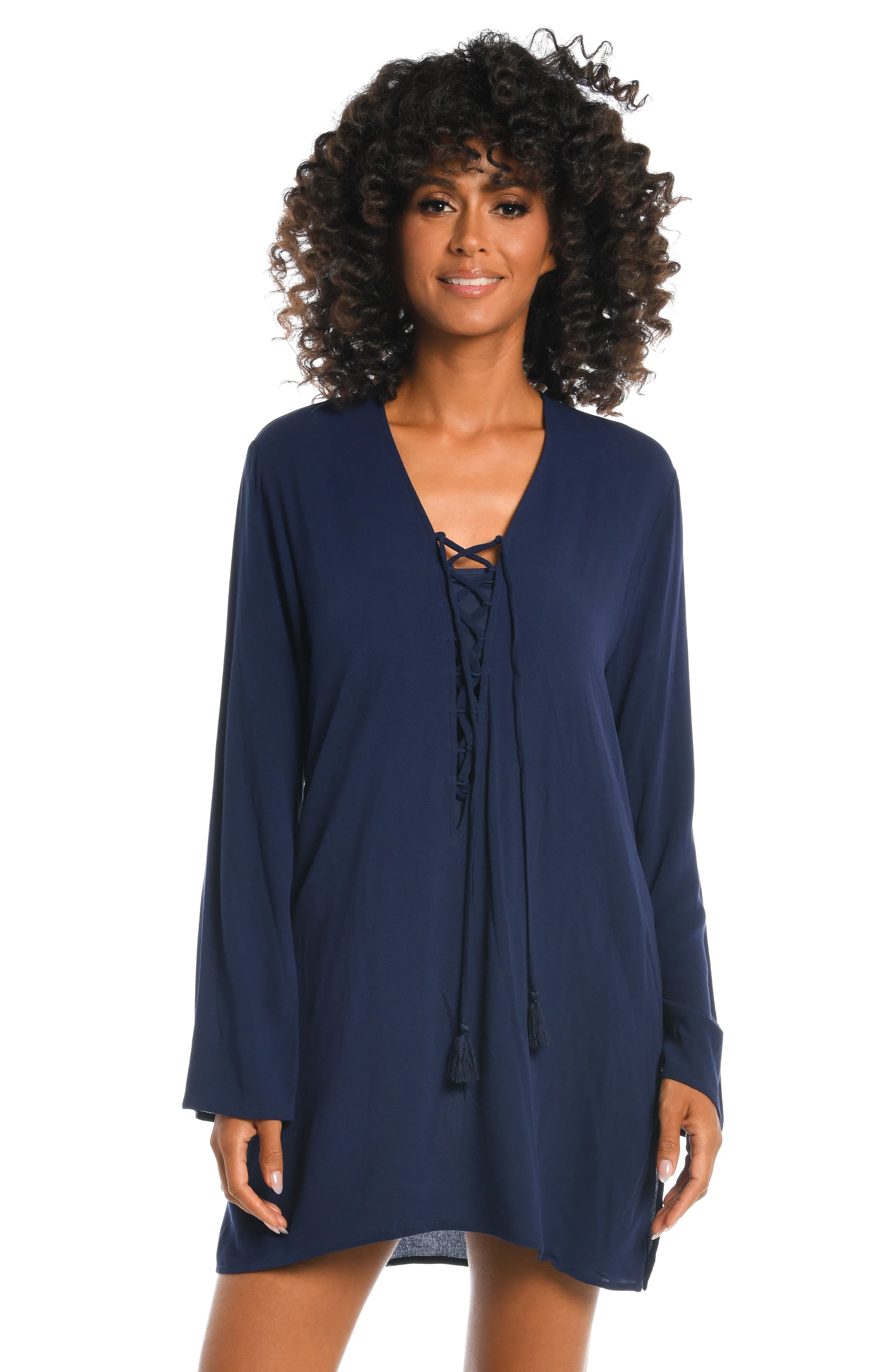 Beachcomber Basics Lace Up V-Neck Tunic - Indigo - FINAL SALE