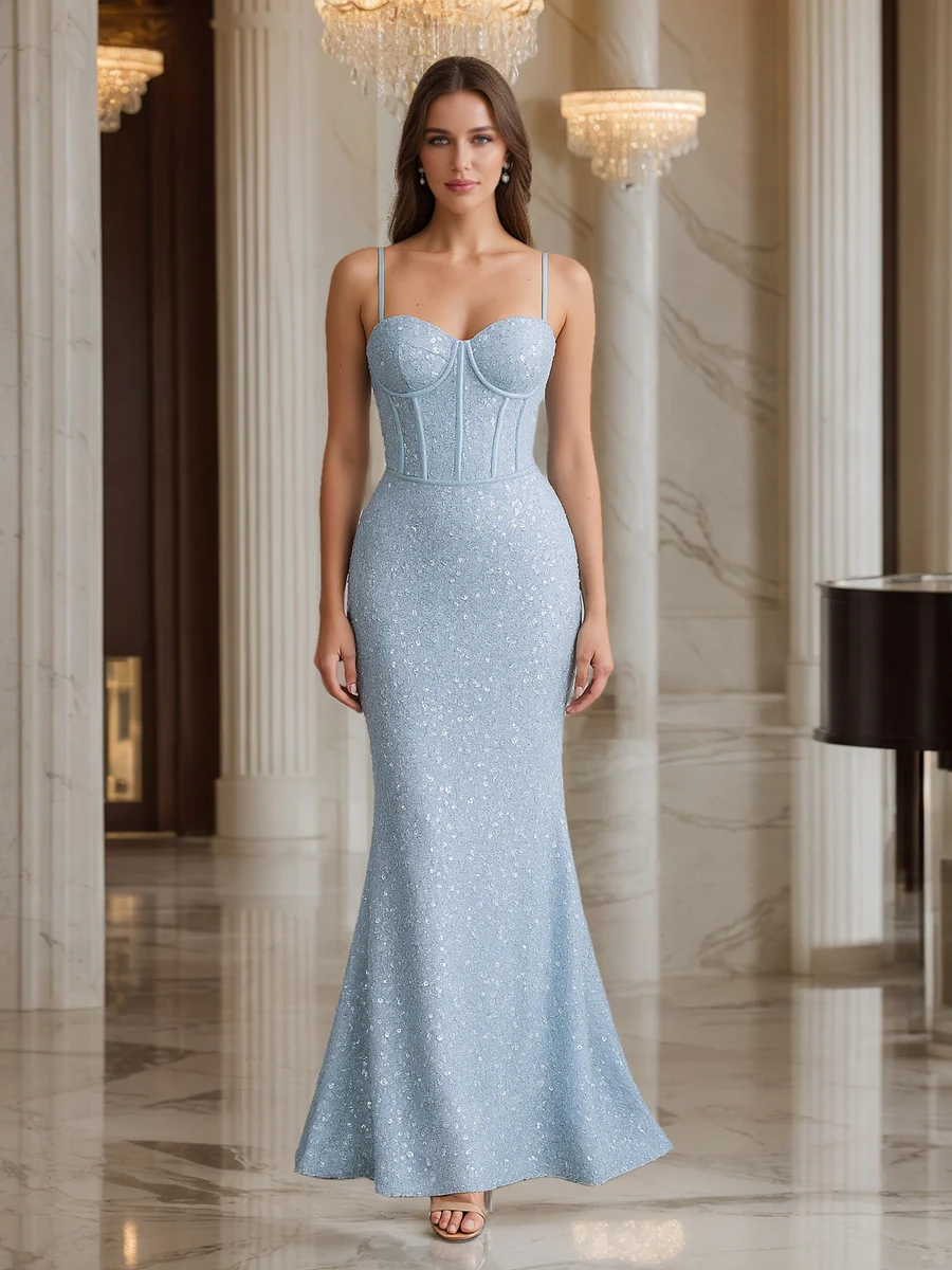 Trumpet/Mermaid Straps Corset Sequin Long Prom Dresses with Sweep Train
