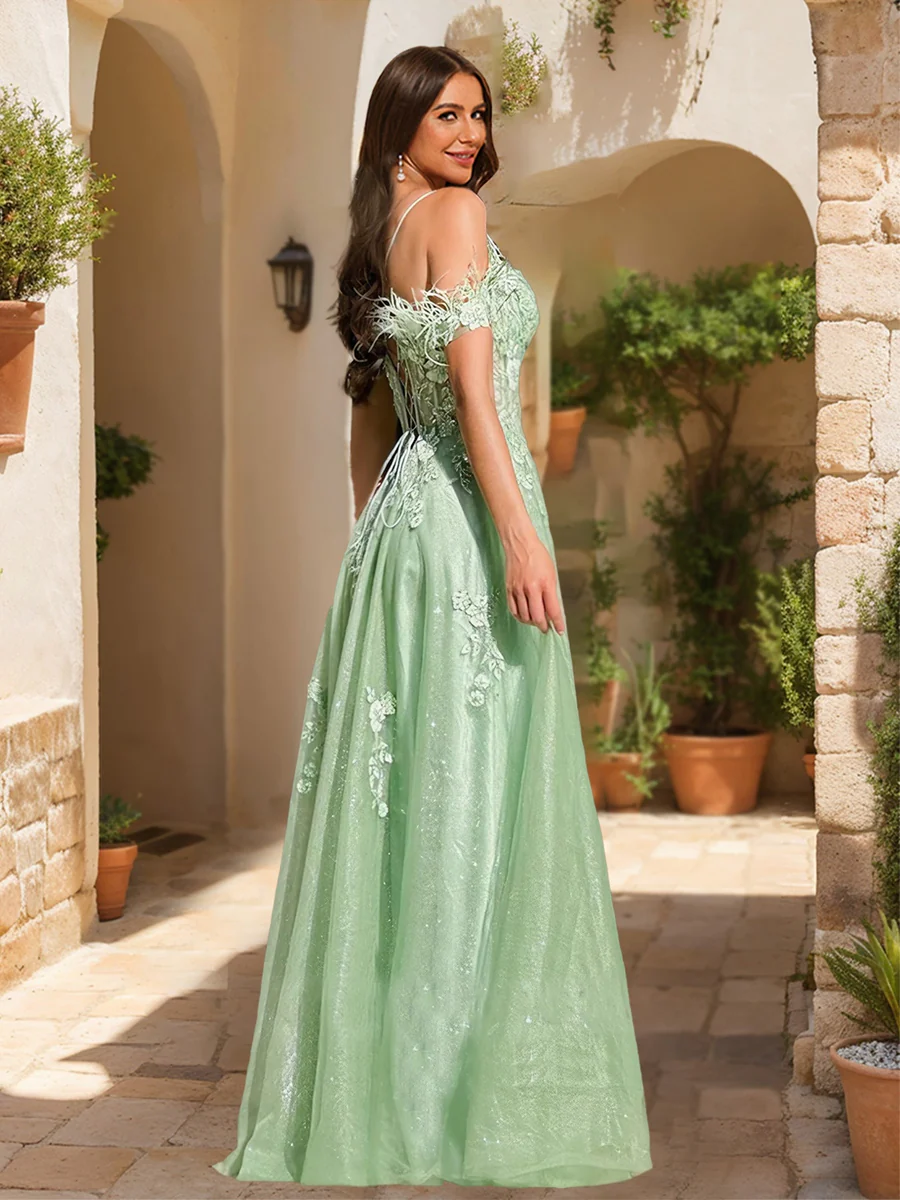 A-Line/Princess Cold-Shoulder Appliques Tulle Prom Dresses with Feathers