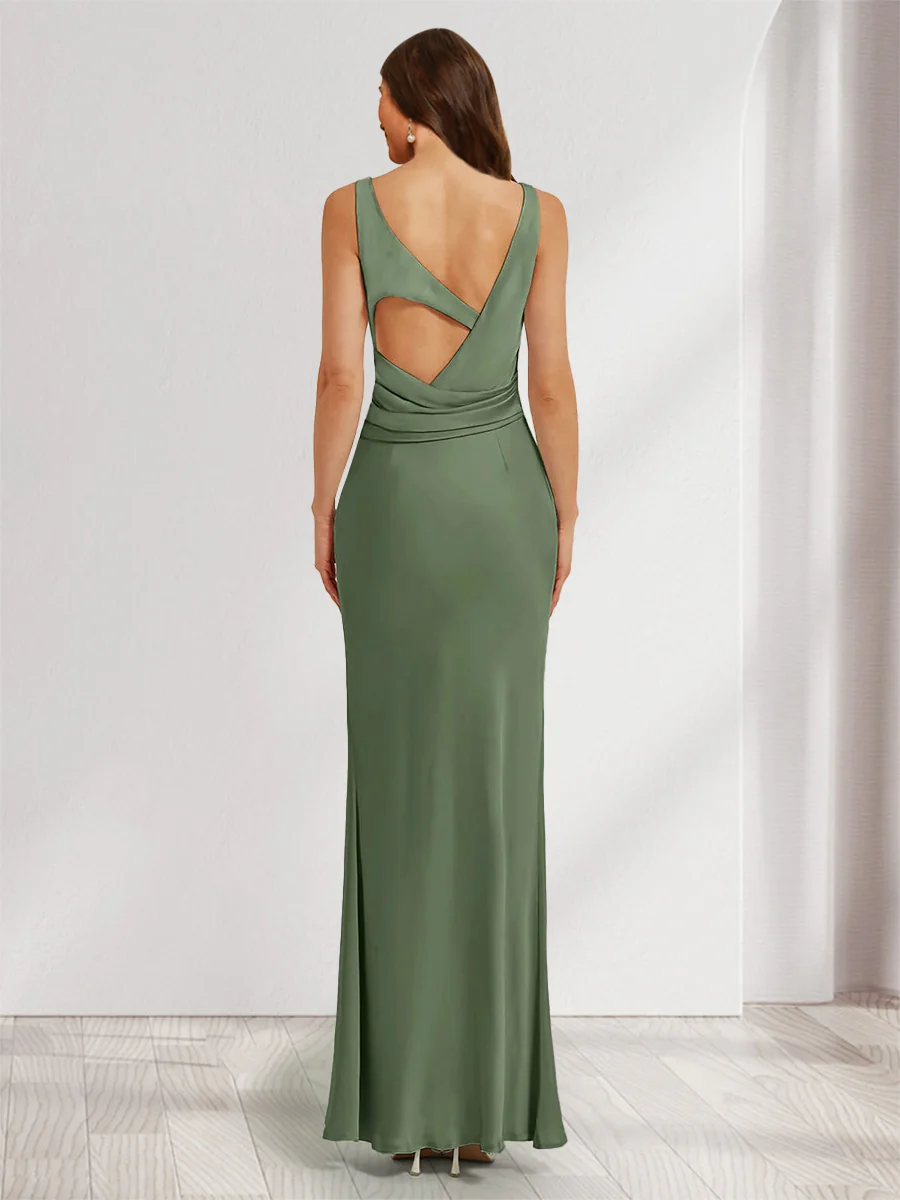 Sheath/Column Cowl Neck Sleeveless Ruched Ankle-Length Evening Dresses