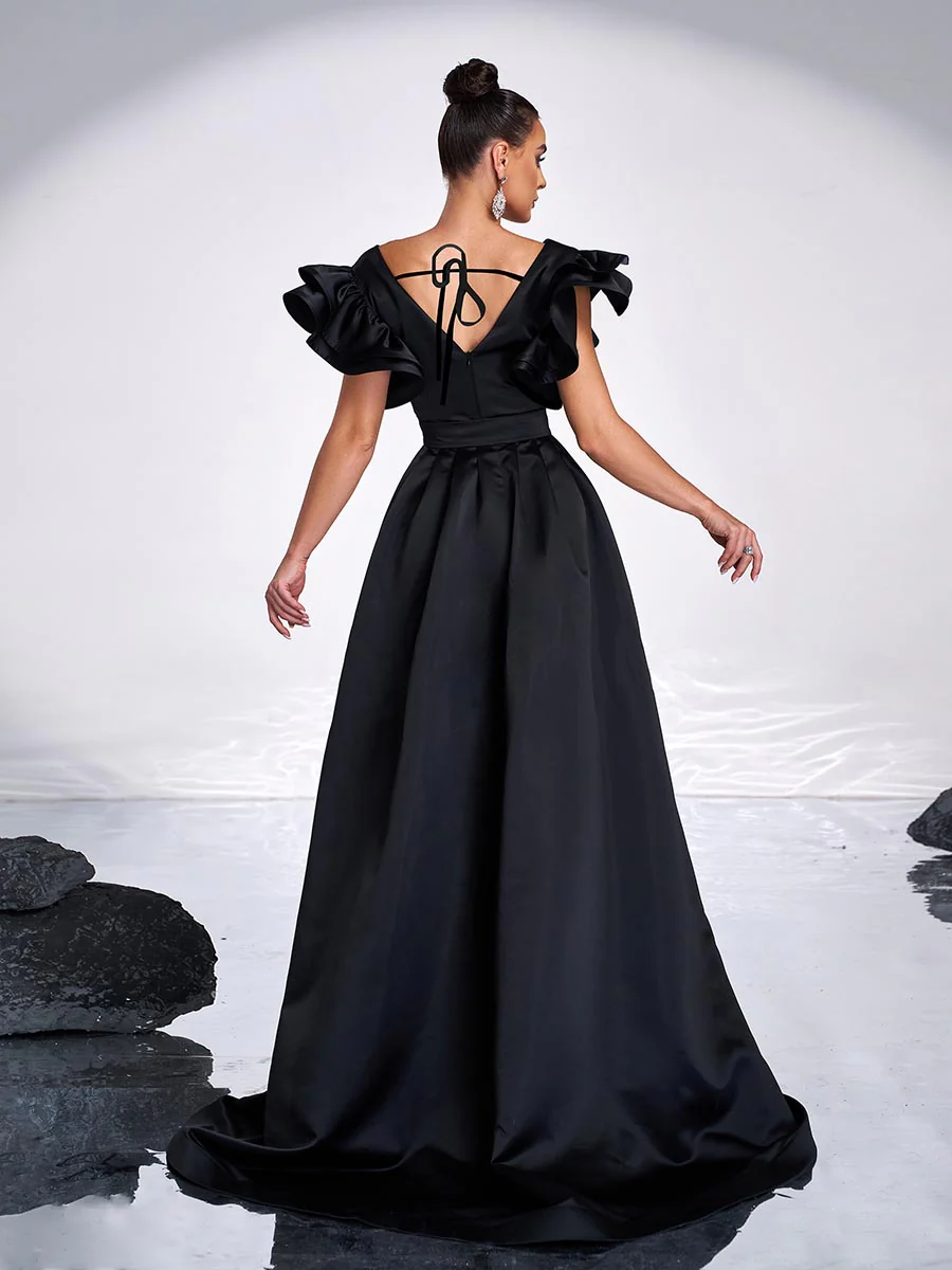 Black Sequin Ruffled Belt Cape Evening Dress RX70115