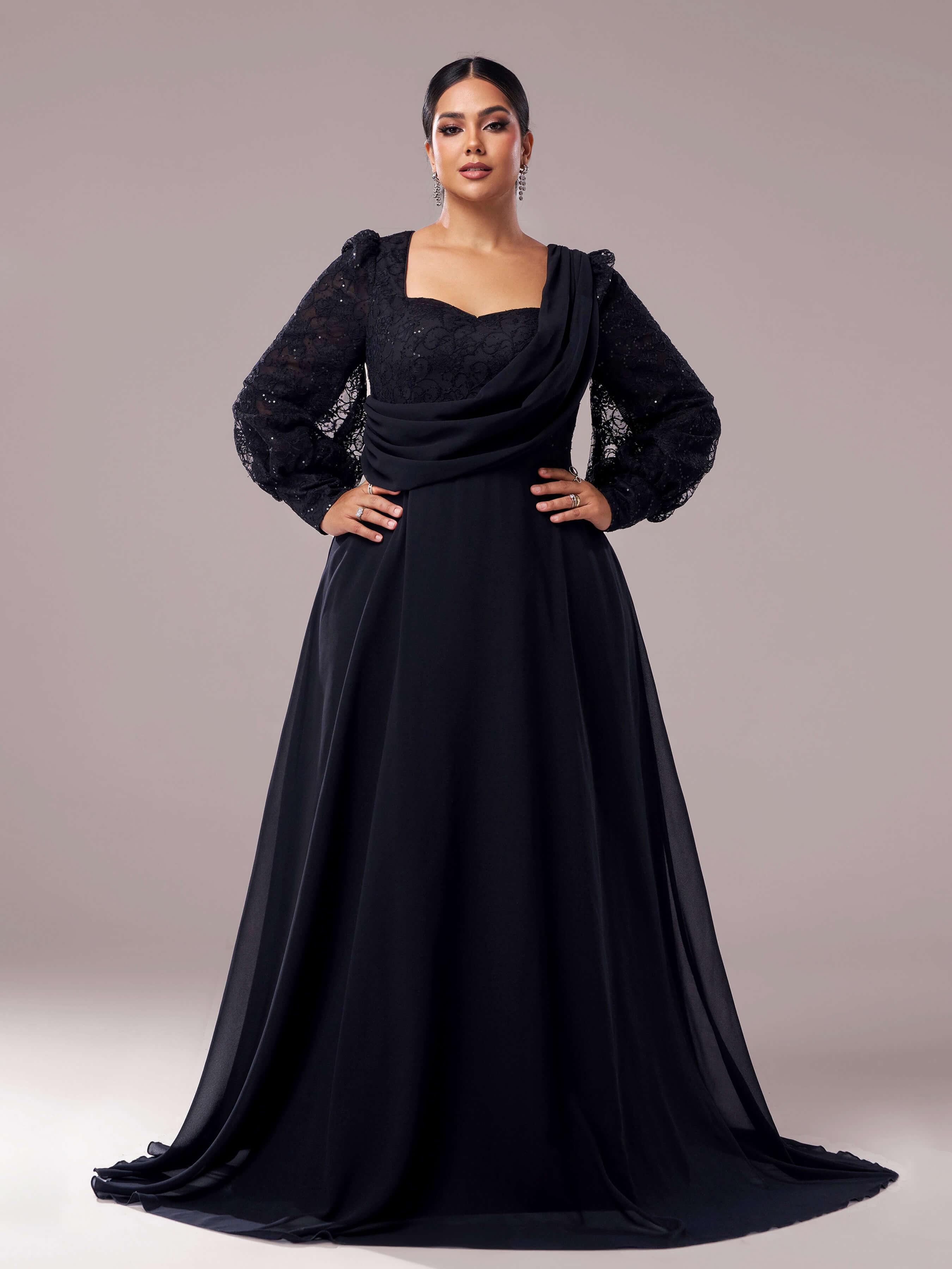 Plus Black Square Neck Lace A-line Prom Dress PRX70318