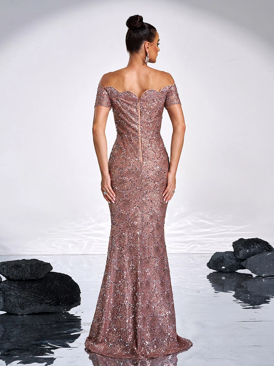 Ruffle Neck Black Sequin Evening Dress JMH3139